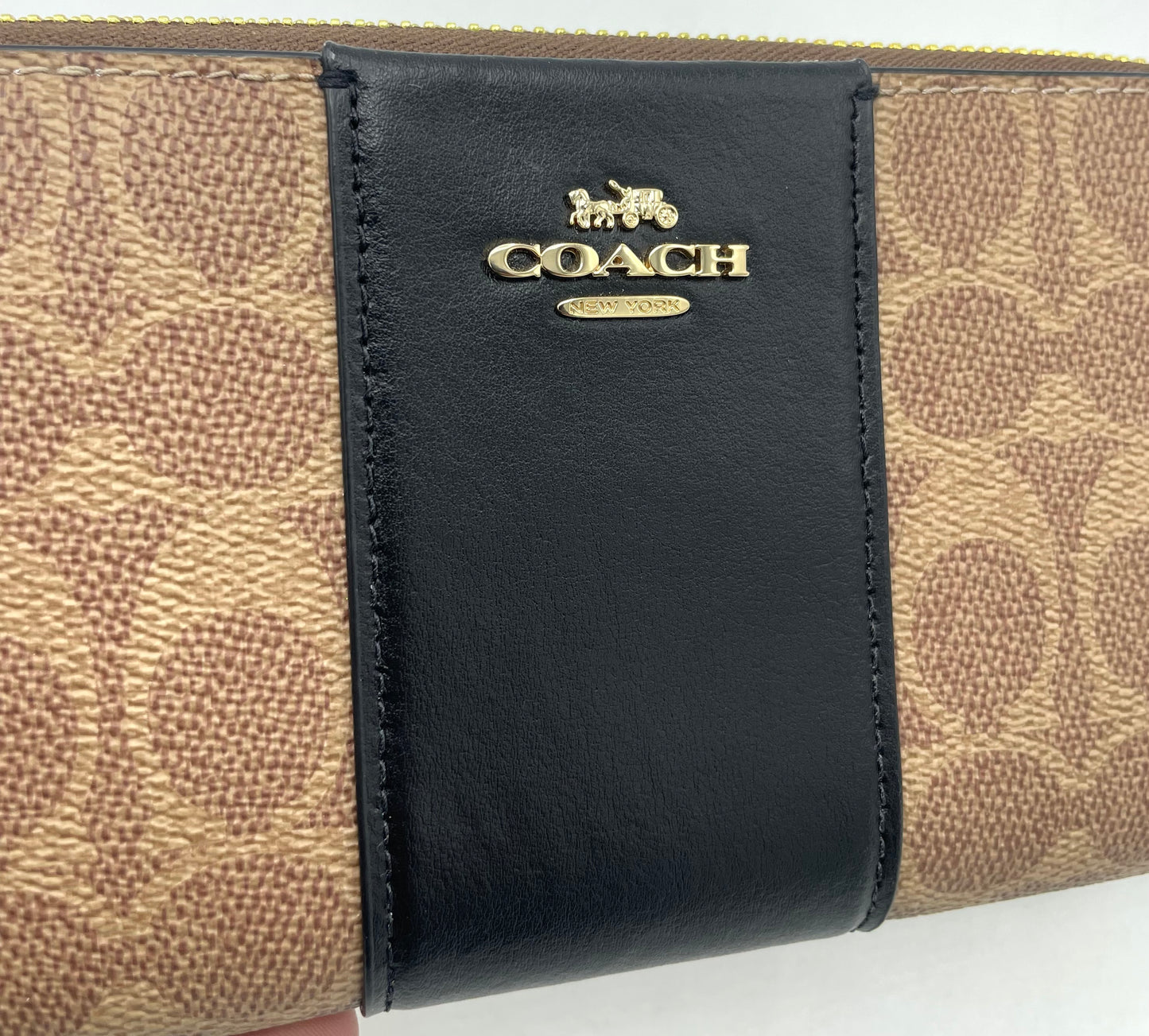 Coach Long Zip Around Wallet – Khaki Signature Canvas with Black Leather Stripe