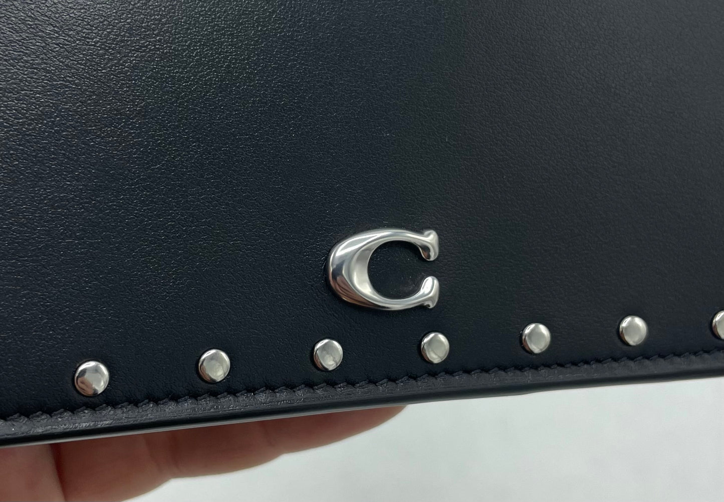 Coach Essential Slim Card Case with Rivets – Black Leather with Silver Hardware