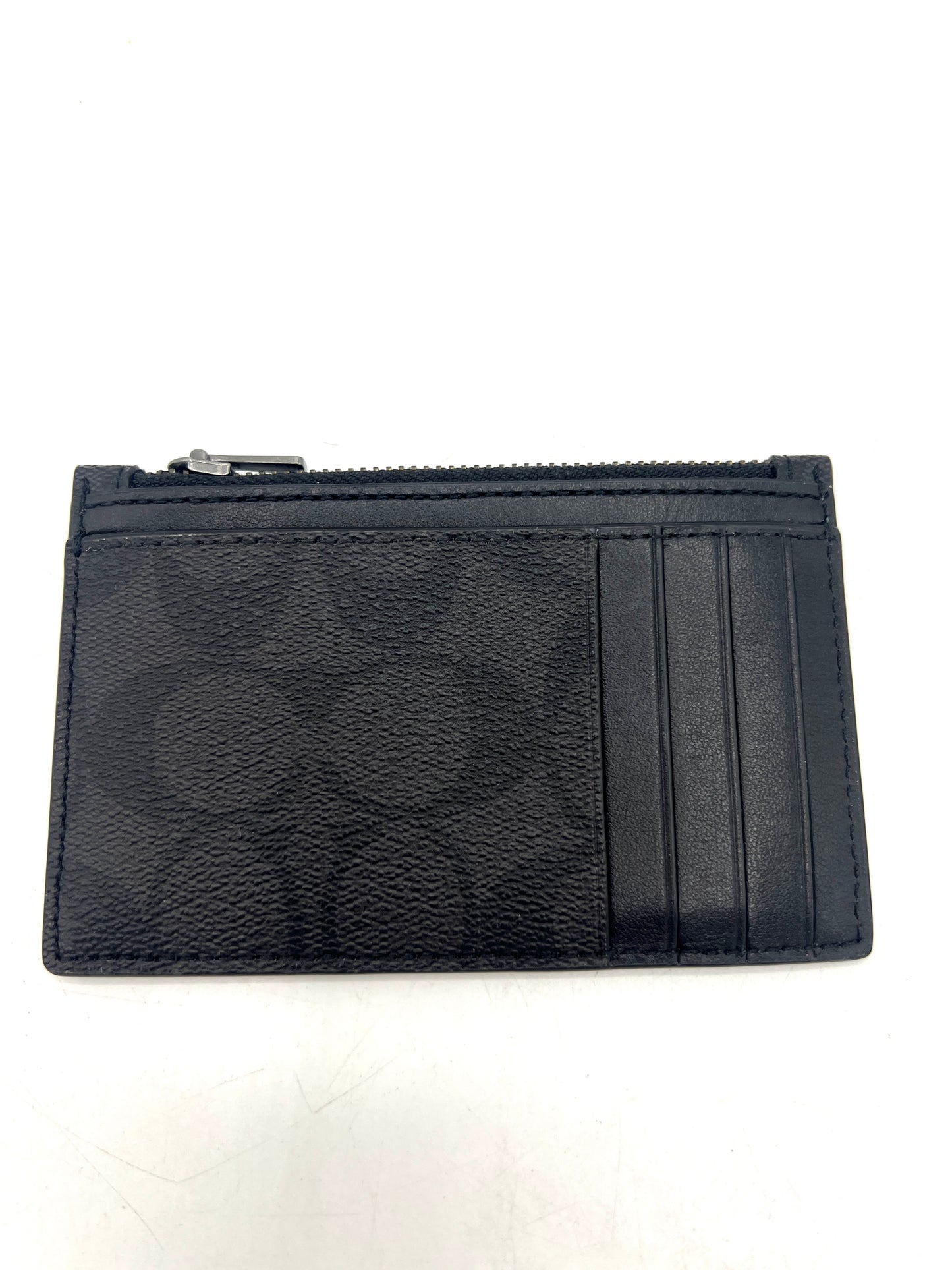 Coach Zip Card Case – Dark Gray Signature Canvas with Black Leather