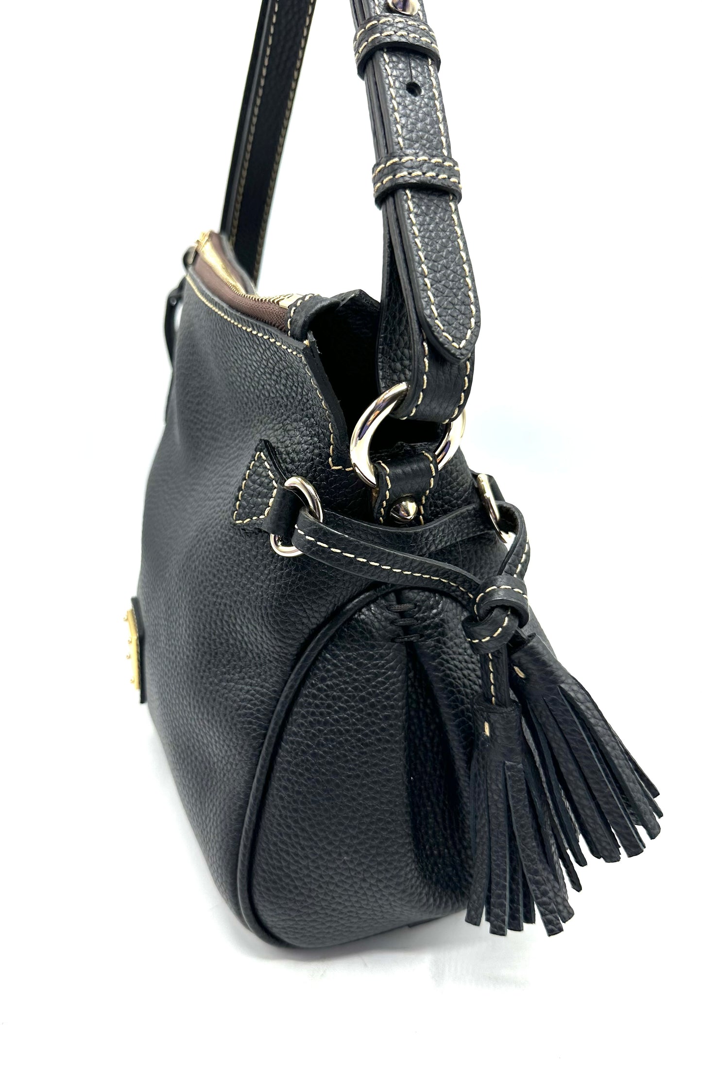Dooney & Bourke Pebble Grain Tassel Shoulder Bag – Black Pebbled Leather