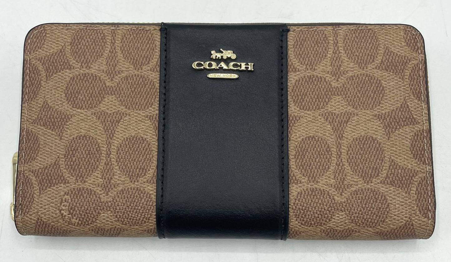 Coach Long Zip Around Wallet – Khaki Signature Canvas with Black Leather Stripe