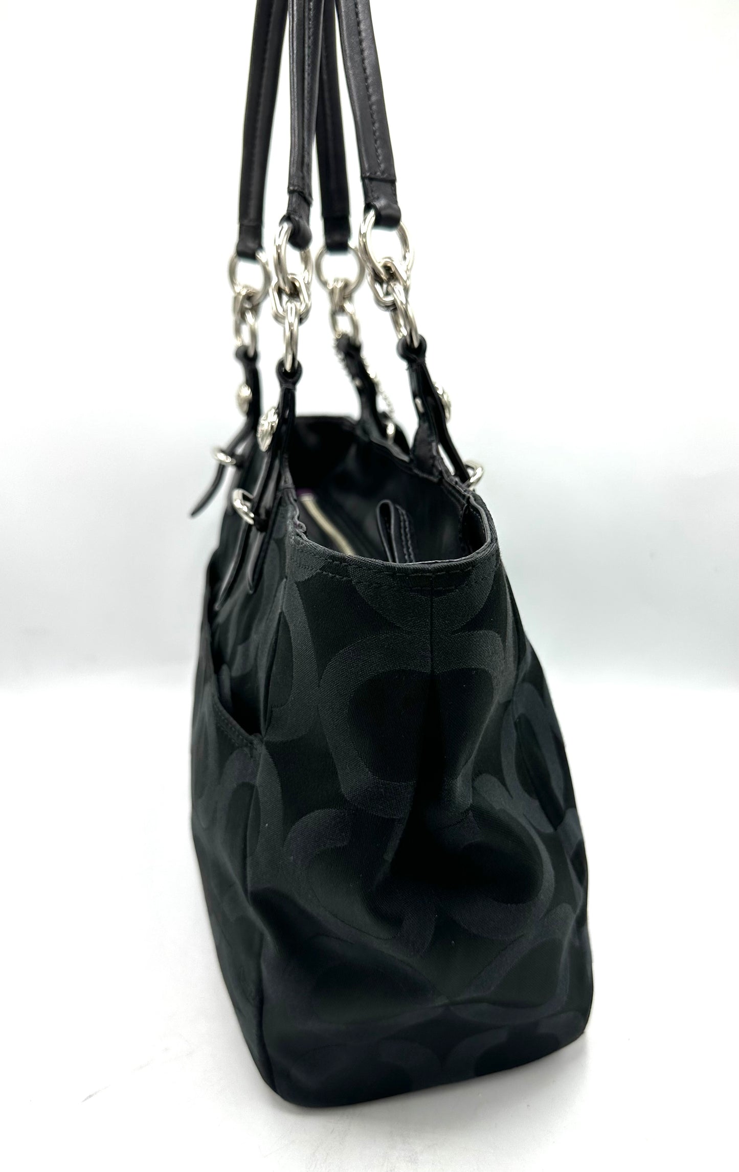 Coach Mia Op Art Satchel – Black Jacquard with Purple Satin Interior