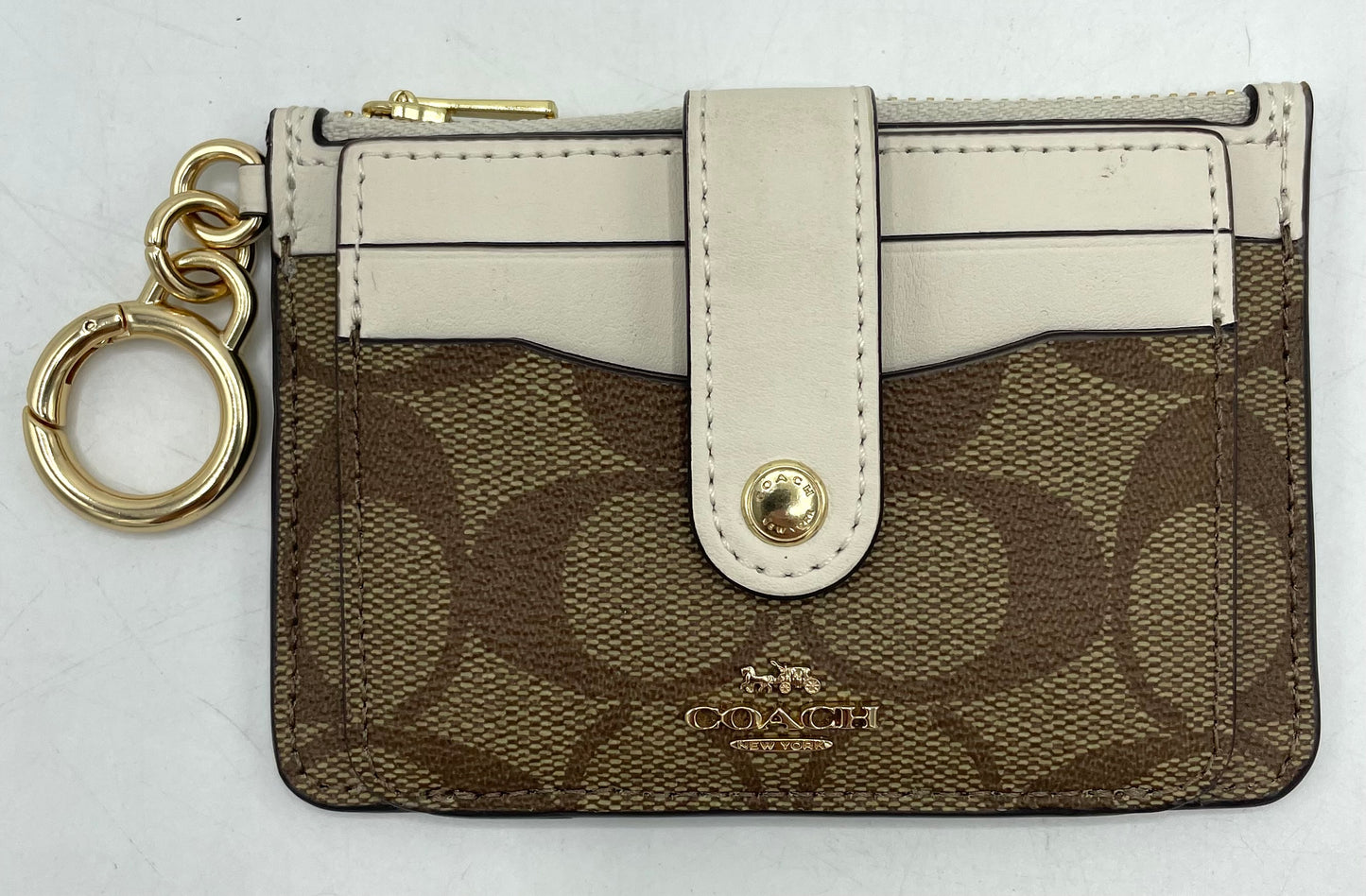 Coach Attachment Card Case – Khaki Signature Coated Canvas with Chalk