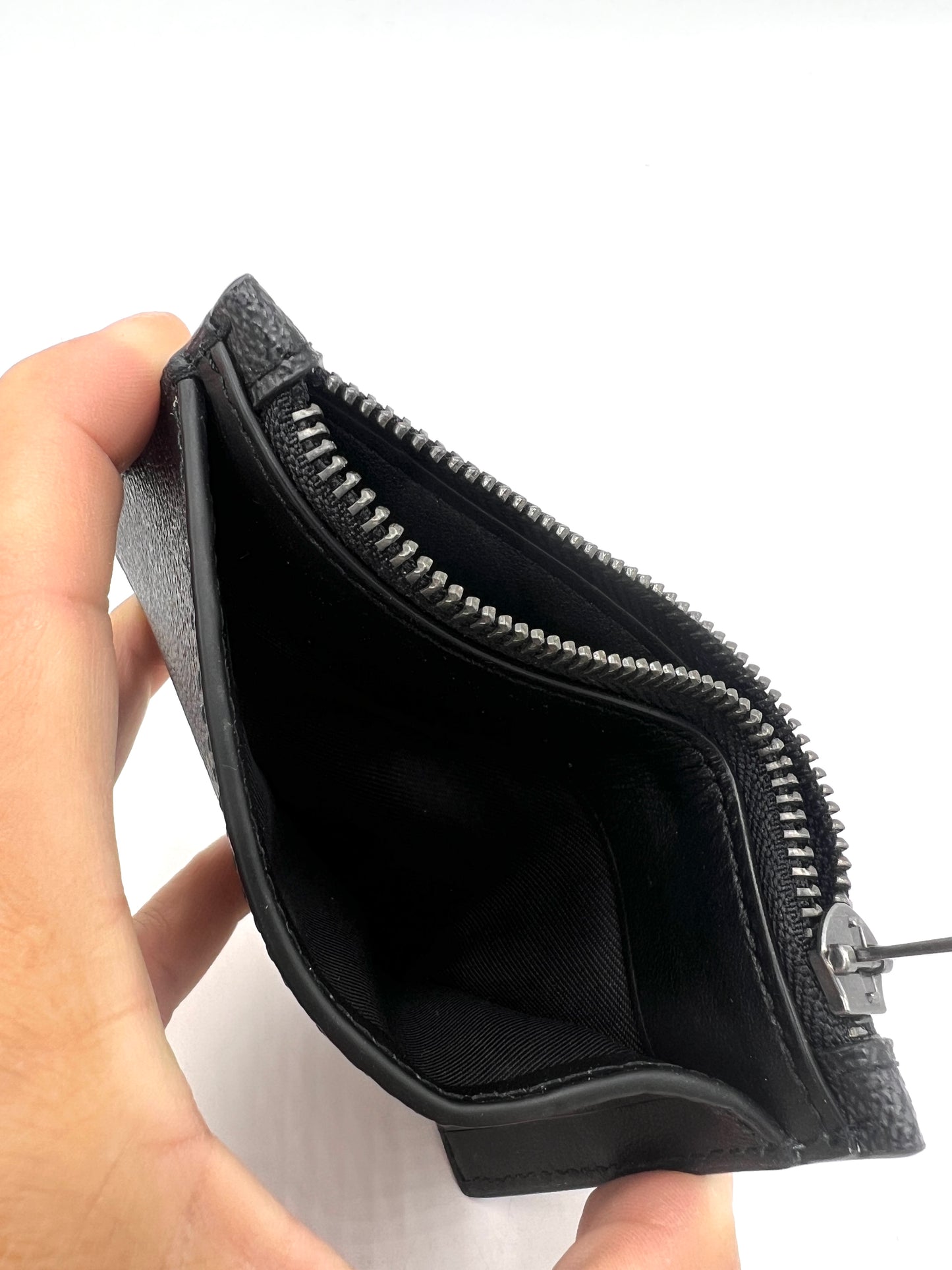 Coach Zip Card Case – Dark Gray Signature Canvas with Black Leather