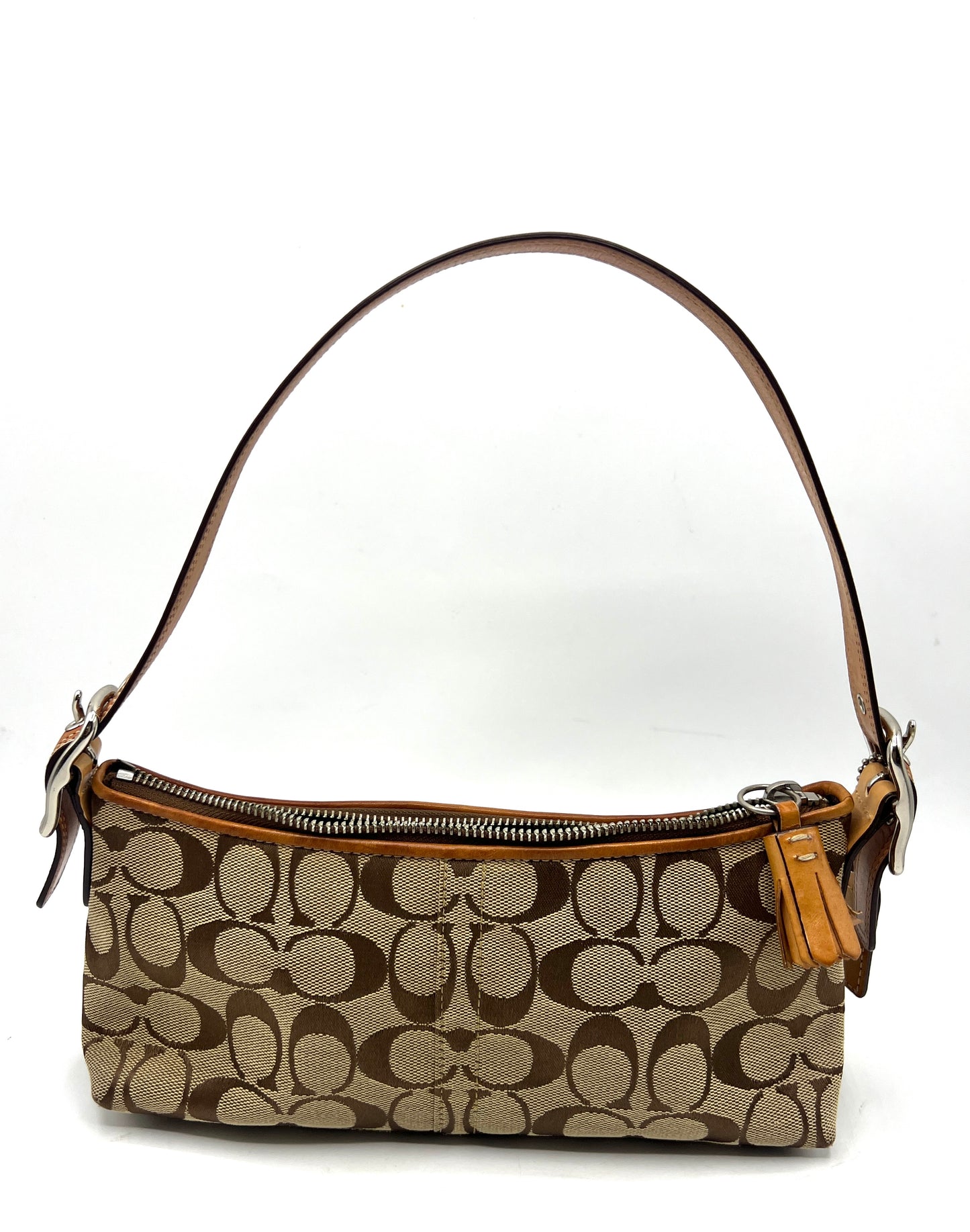 Coach Signature “C” Demi Shoulder Bag – Beige with Leather Trim