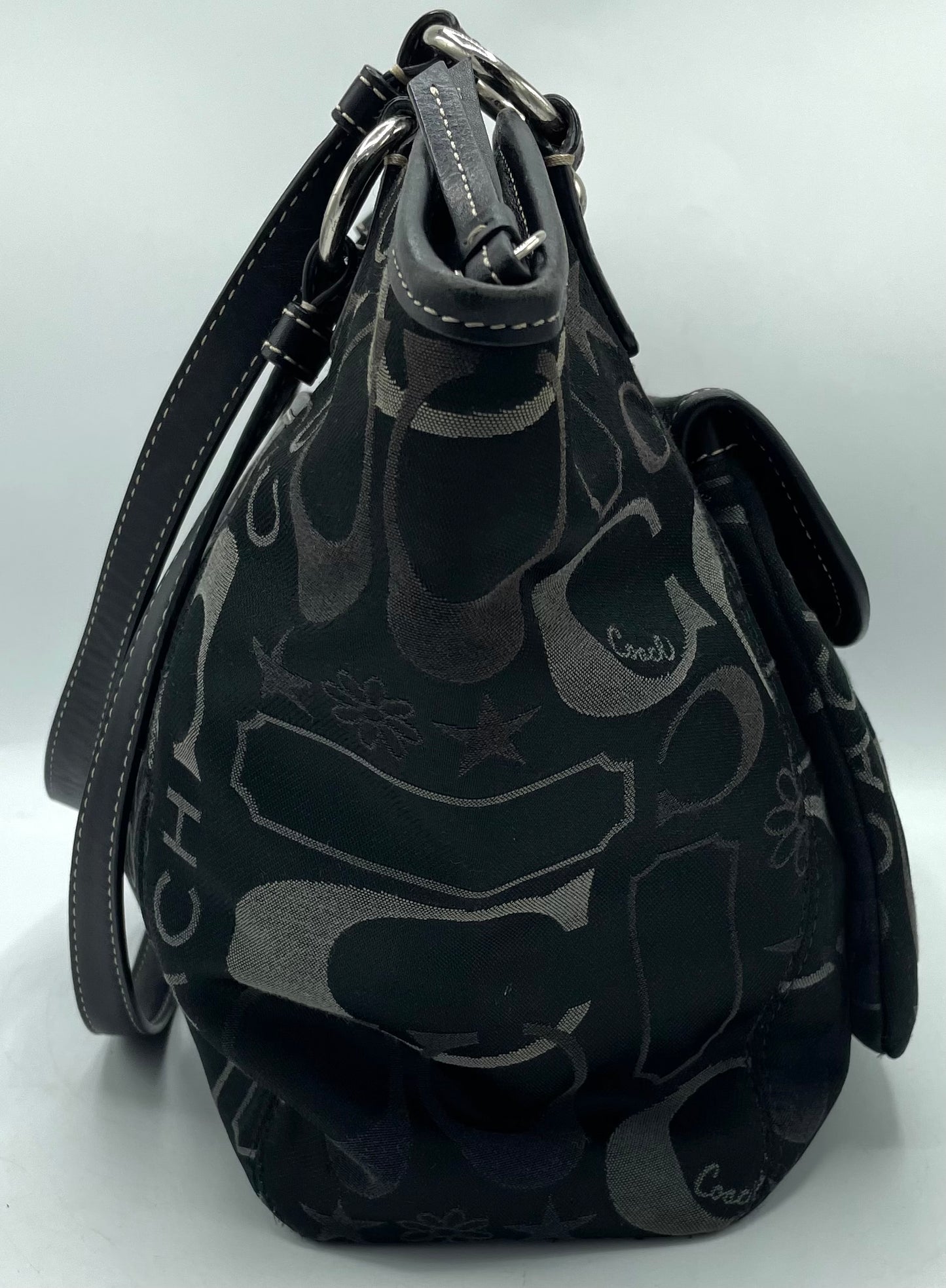 Coach Leah Black and Silver Signature Turnlock Satchel