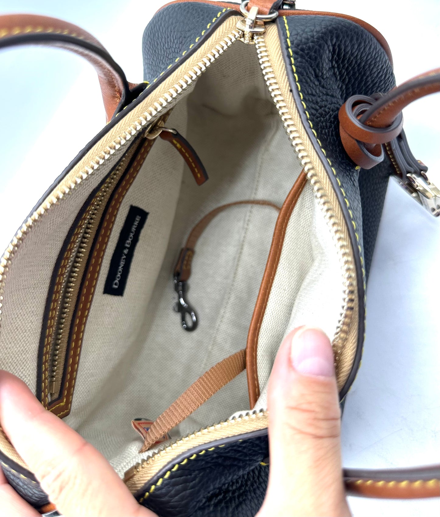 Dooney & Bourke Pebble Grain Barrel Satchel – Black with Brown Leather Handles