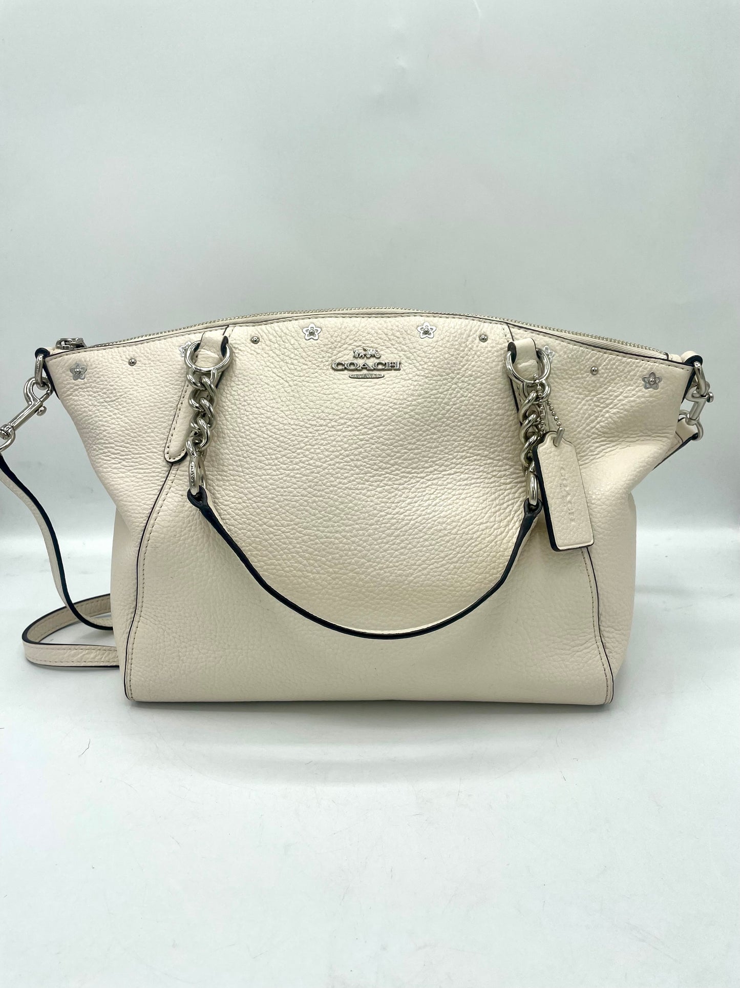 Coach Kelsey Chain Satchel with Floral Rivets – Chalk/Silver (F37773)
