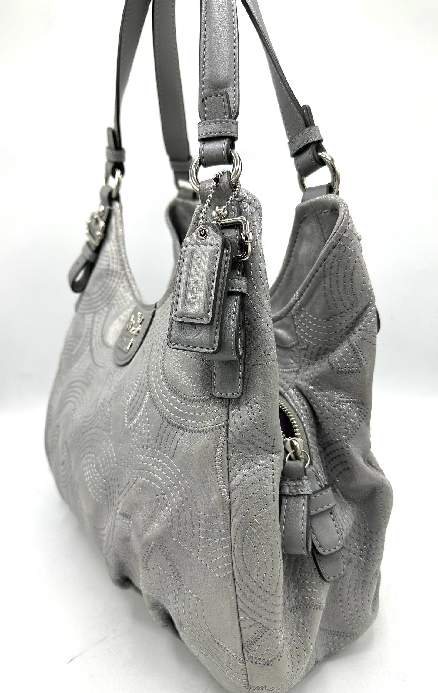 Coach Madison Maggie Stitched Metallic Shoulder Bag – Silver / Grey