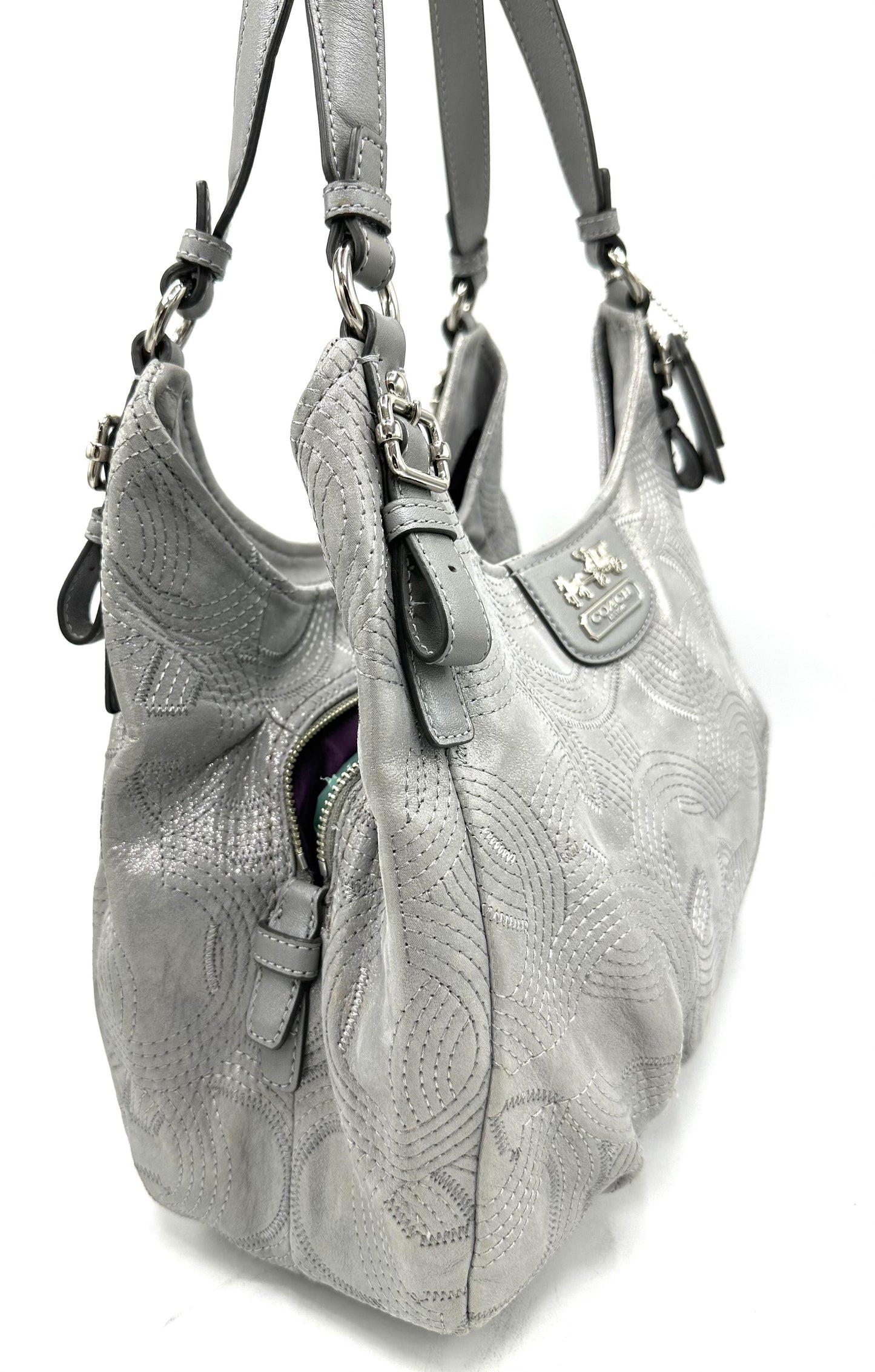 Coach Madison Maggie Stitched Metallic Shoulder Bag – Silver / Grey