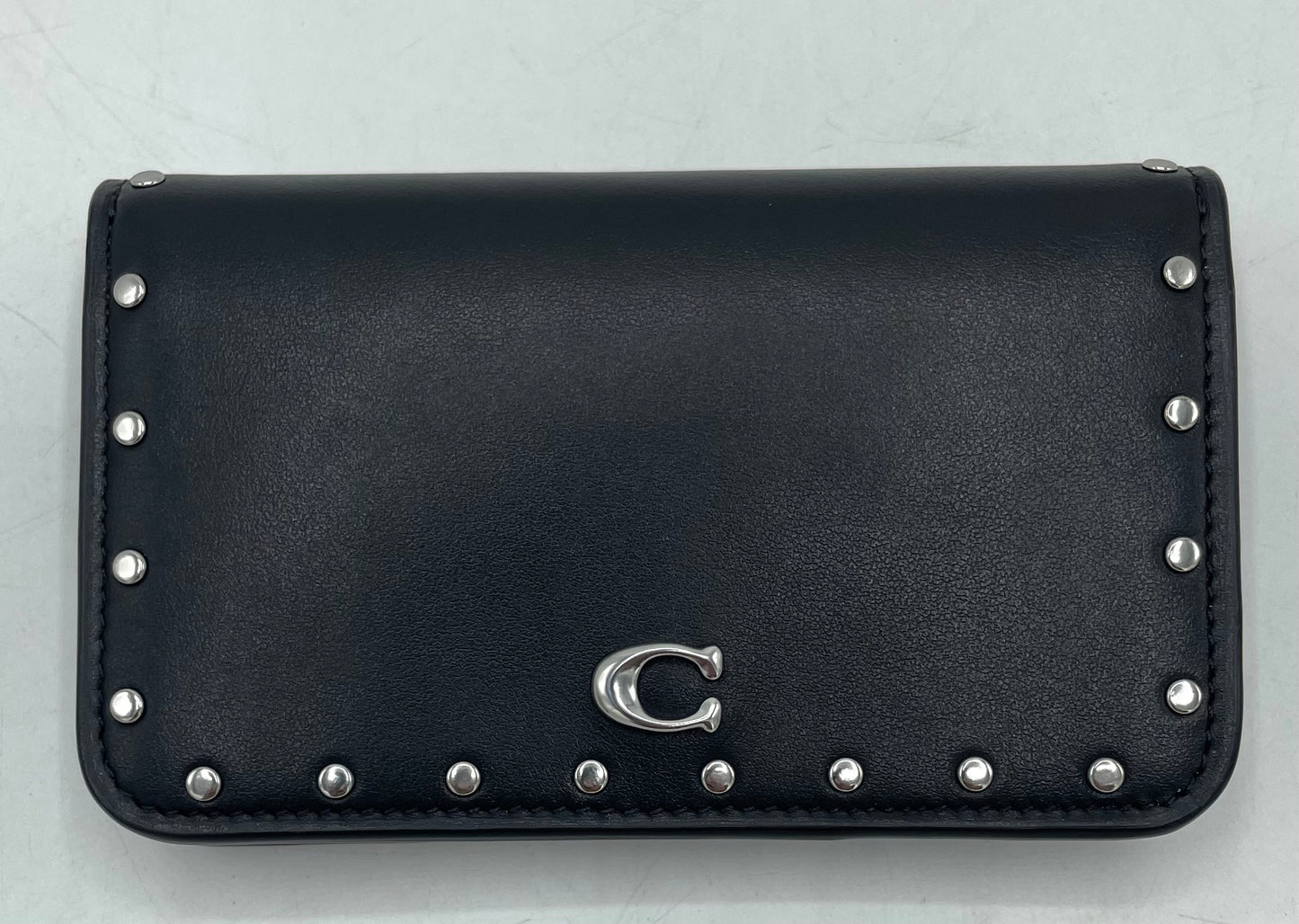 Coach Essential Slim Card Case with Rivets – Black Leather with Silver Hardware