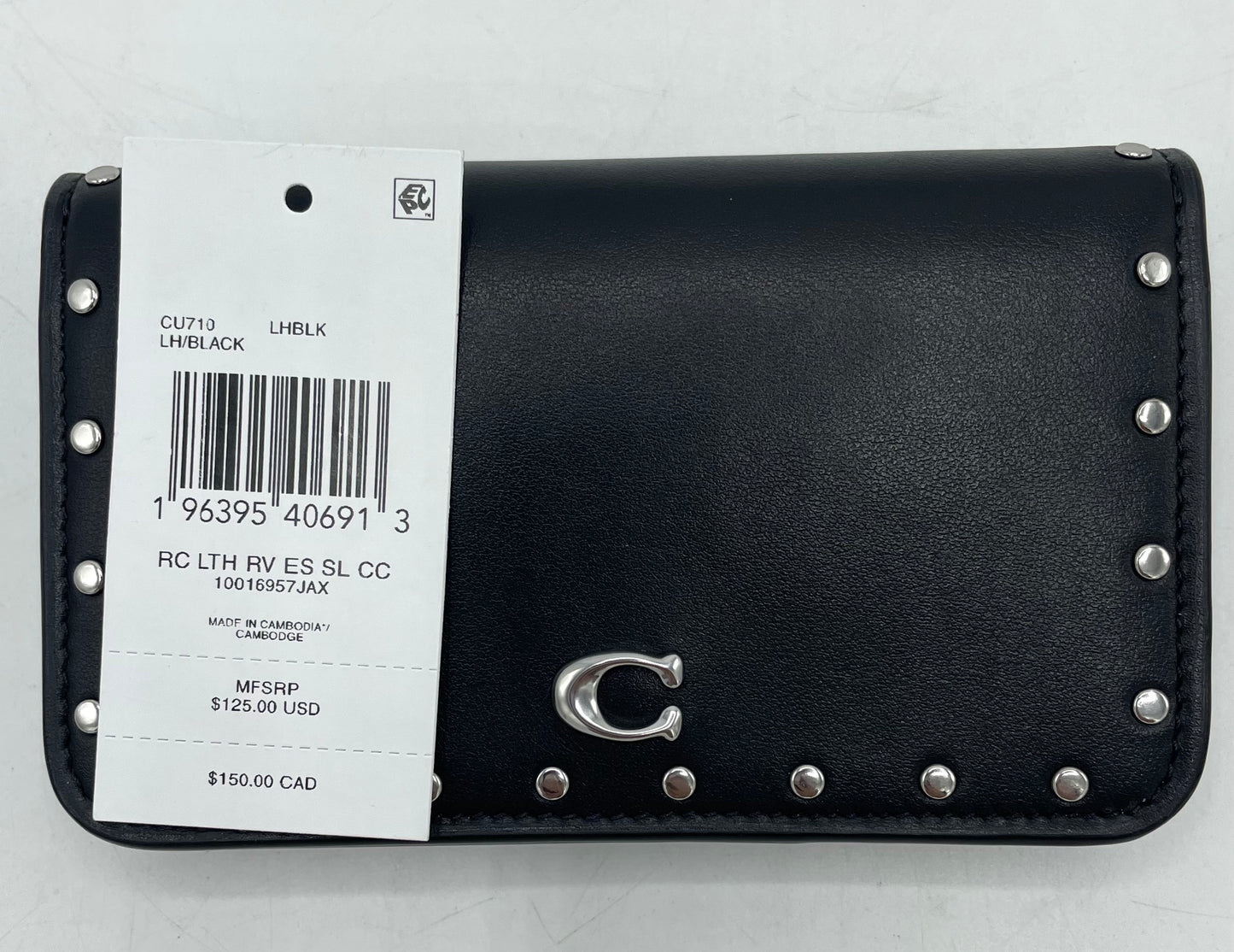 Coach Essential Slim Card Case with Rivets – Black Leather with Silver Hardware