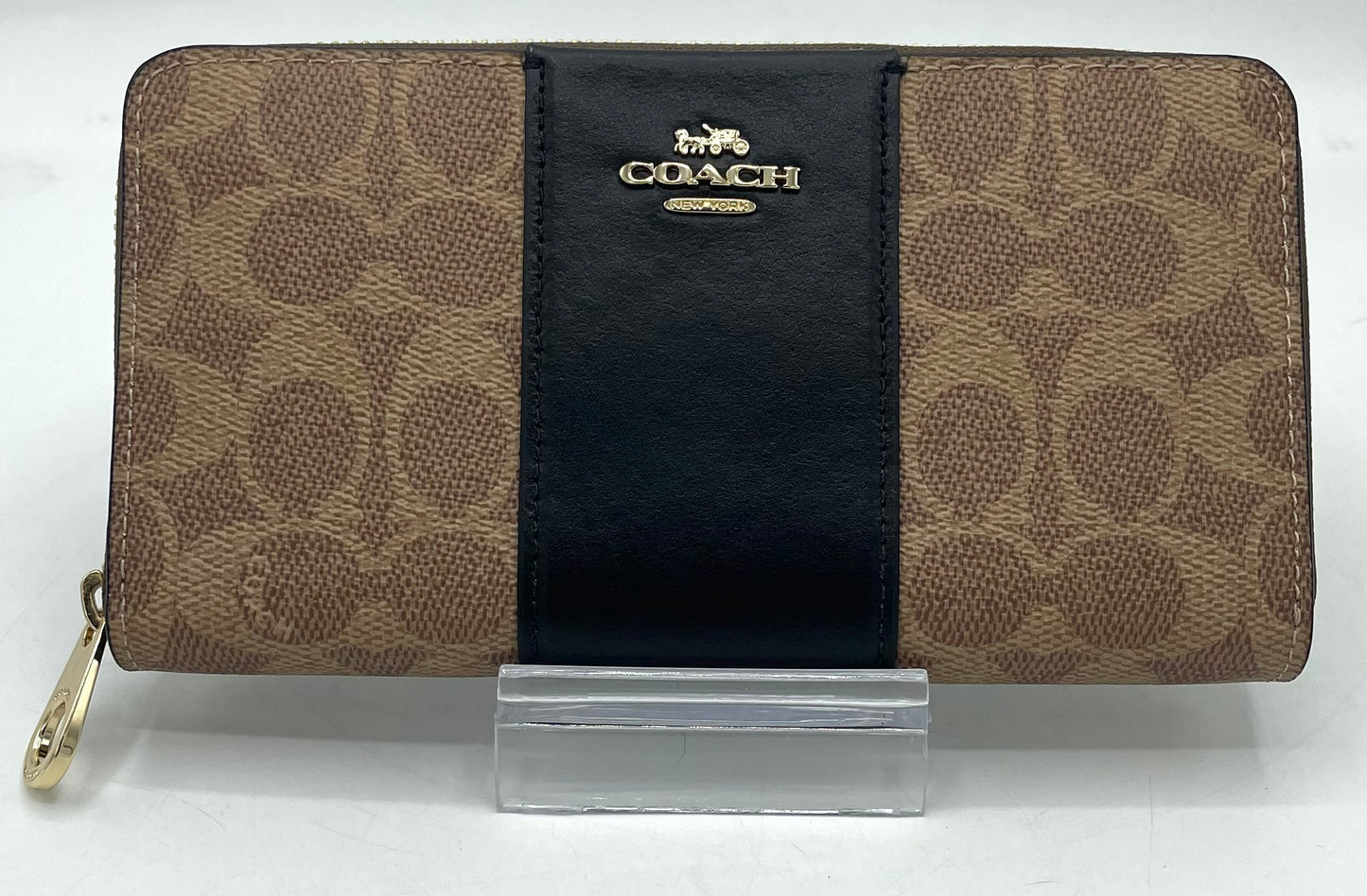 Coach Long Zip Around Wallet – Khaki Signature Canvas with Black Leather Stripe