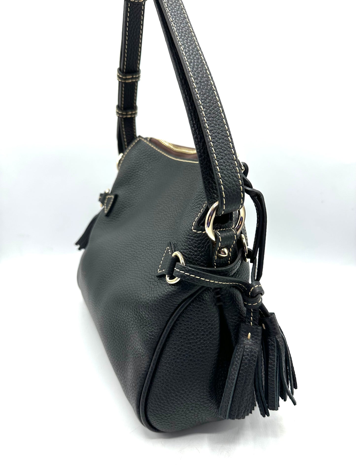 Dooney & Bourke Pebble Grain Tassel Shoulder Bag – Black Pebbled Leather
