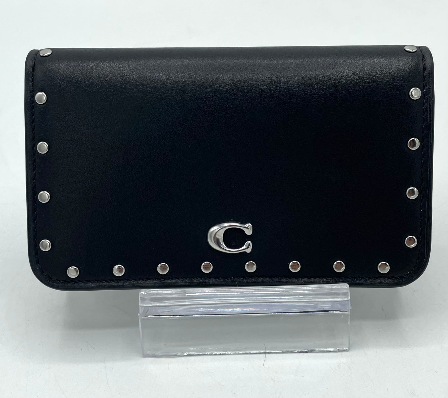 Coach Essential Slim Card Case with Rivets – Black Leather with Silver Hardware