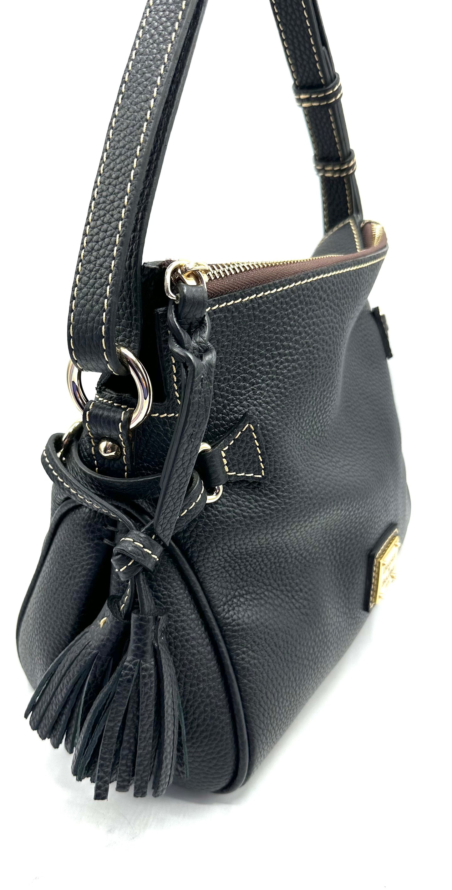 Dooney & Bourke Pebble Grain Tassel Shoulder Bag – Black Pebbled Leather
