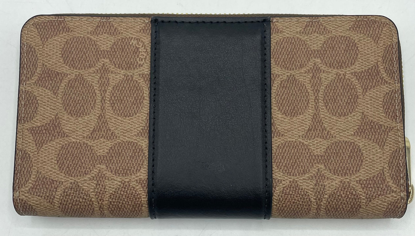 Coach Long Zip Around Wallet – Khaki Signature Canvas with Black Leather Stripe