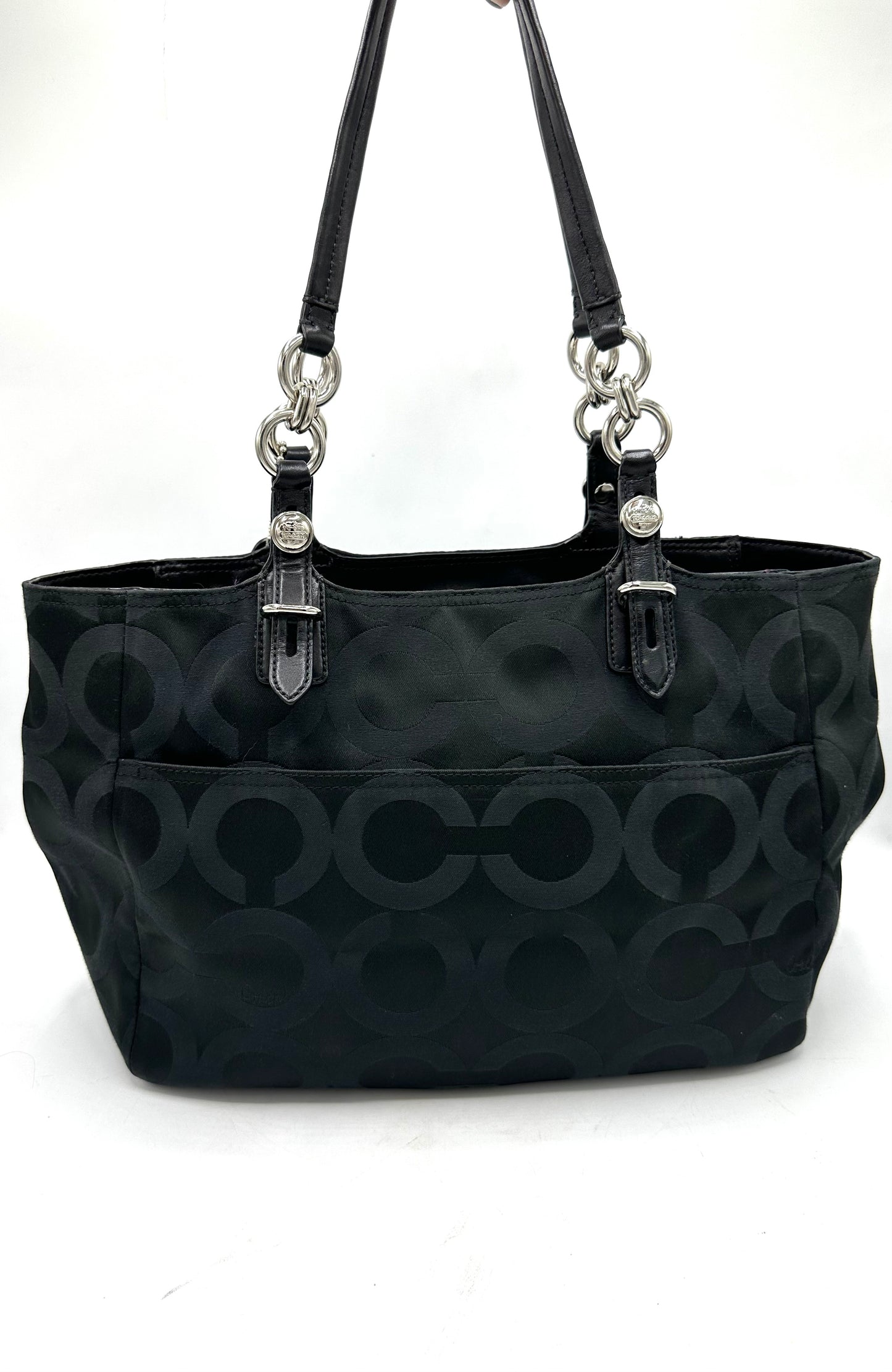 Coach Mia Op Art Satchel – Black Jacquard with Purple Satin Interior