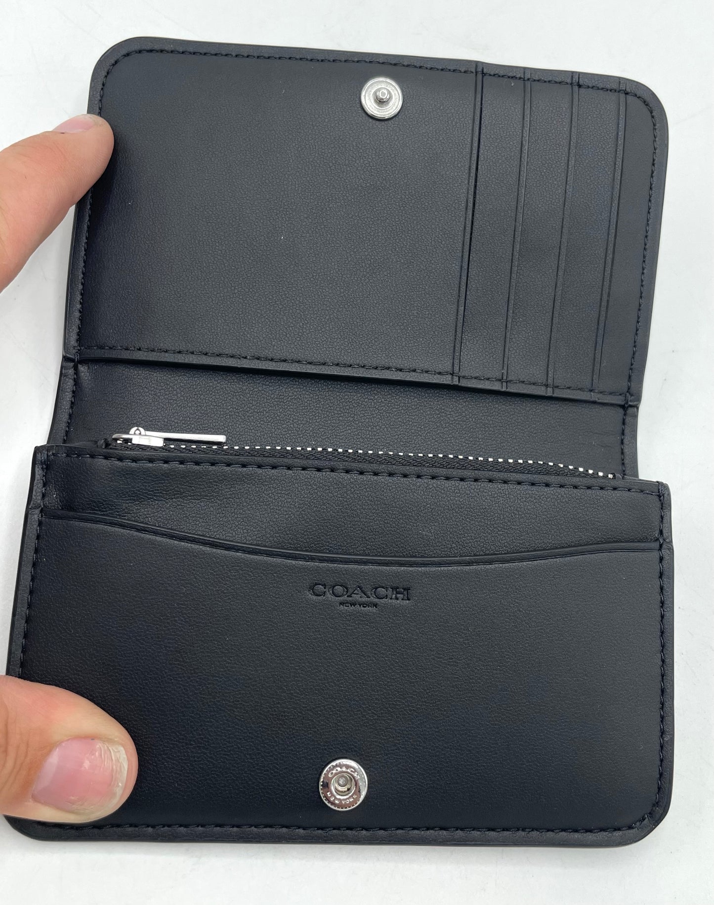 Coach Essential Slim Card Case with Rivets – Black Leather with Silver Hardware