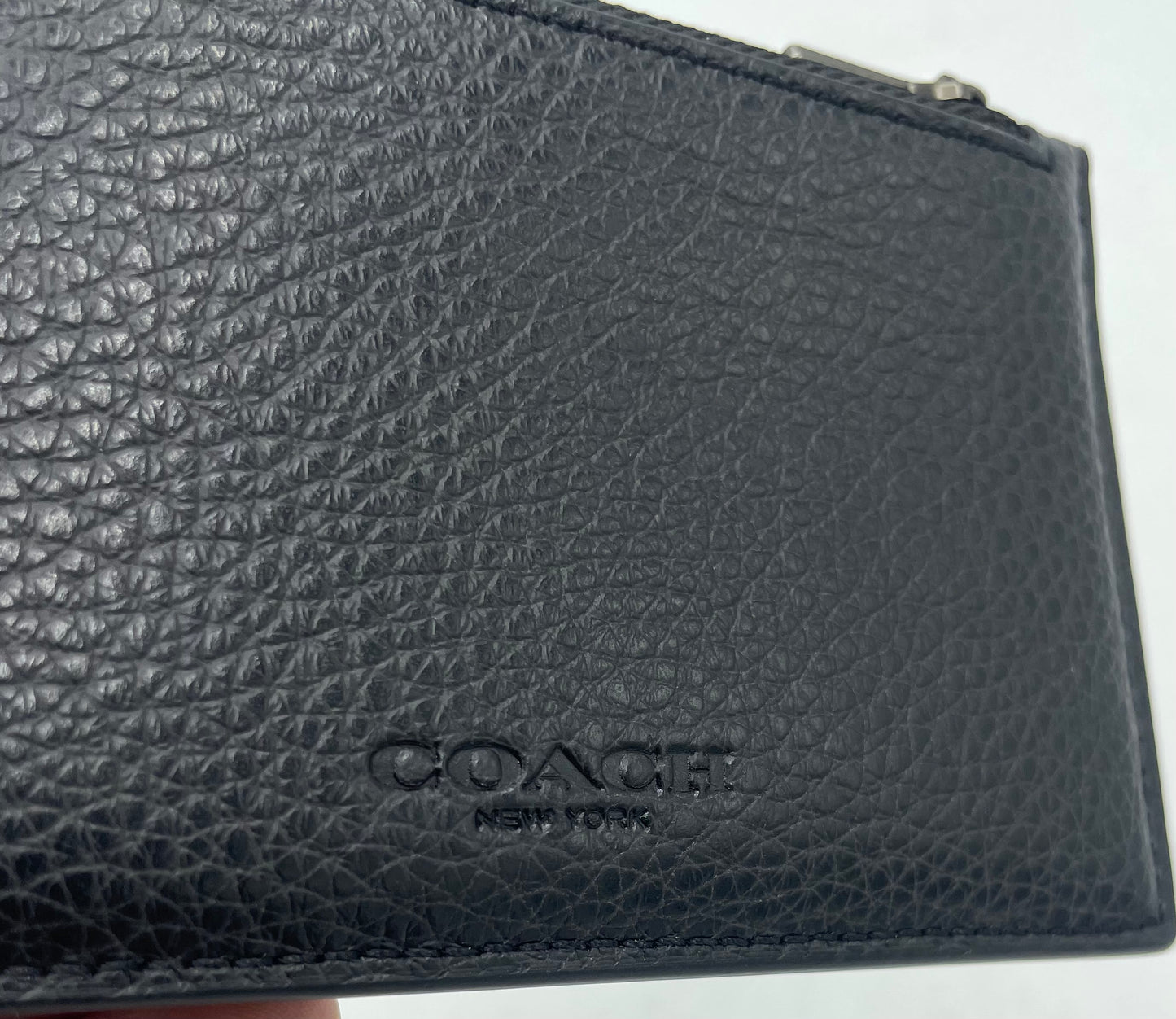 Coach Zip Card Case – Black Pebbled Leather with Gunmetal Hardware