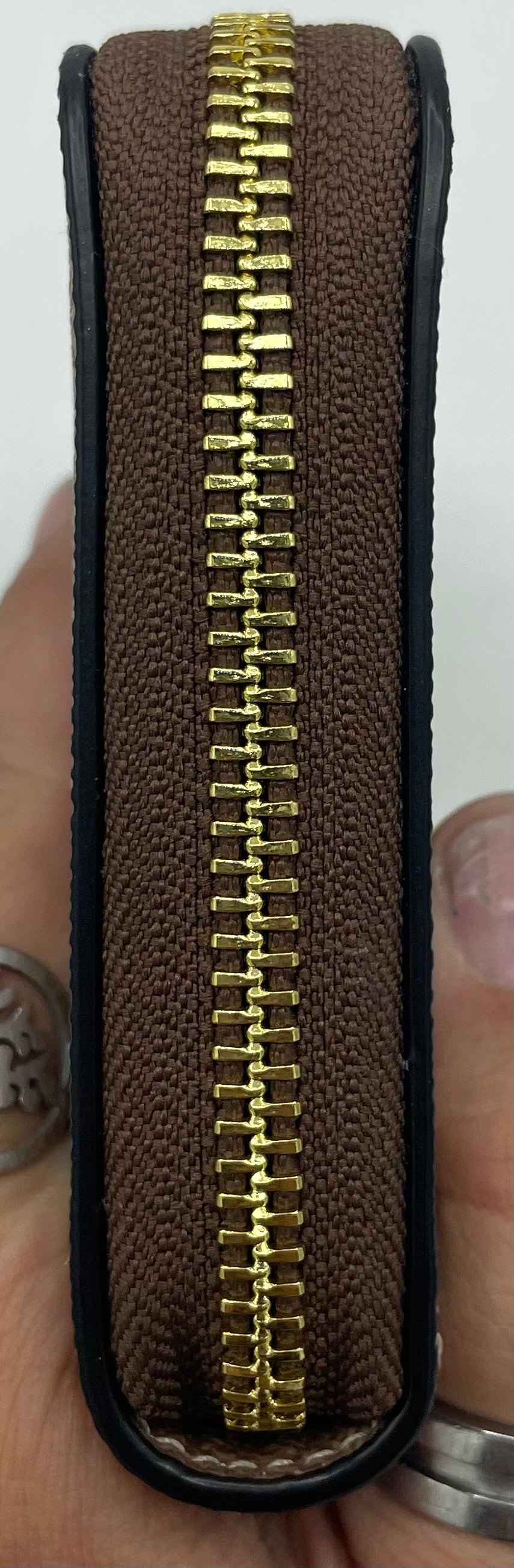 Coach Long Zip Around Wallet – Khaki Signature Canvas with Black Leather Stripe