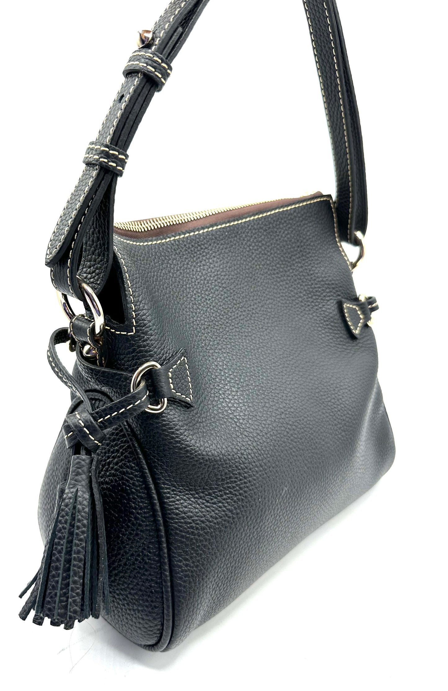 Dooney & Bourke Pebble Grain Tassel Shoulder Bag – Black Pebbled Leather