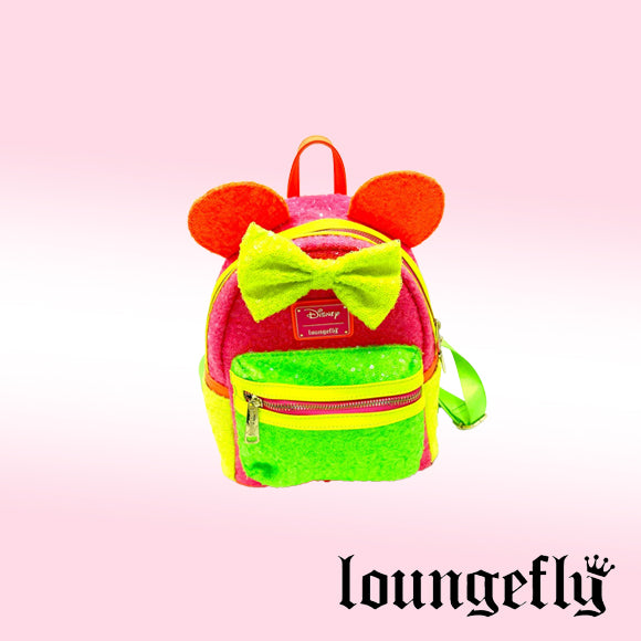 disney sequin rainbow minnie mouse mini backpack Loungefly Minnie Mouse Neon Color Block Sequin Mini Backpack – KismetMags