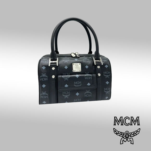 希少✨MCM 2way Boston Bag Leather Black MCM Visetos Front Pocket Boston Bag – Black Leather with Silver