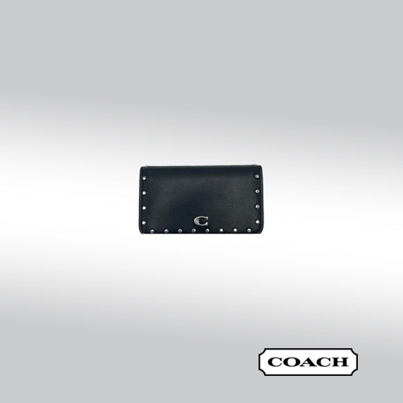Coach Essential Slim Card Case with Rivets – Black Leather with Silver Hardware