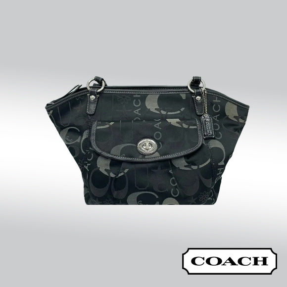 Coach Leah Black and Silver Signature Turnlock Satchel