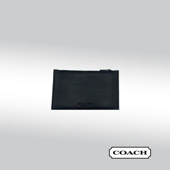 Coach Zip Card Case – Black Pebbled Leather with Gunmetal Hardware