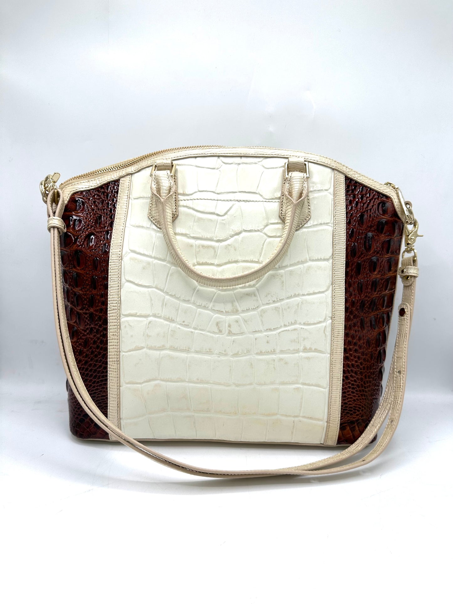 Brahmin Large Duxbury Satchel – Brown & White Crocodile-Embossed Leather