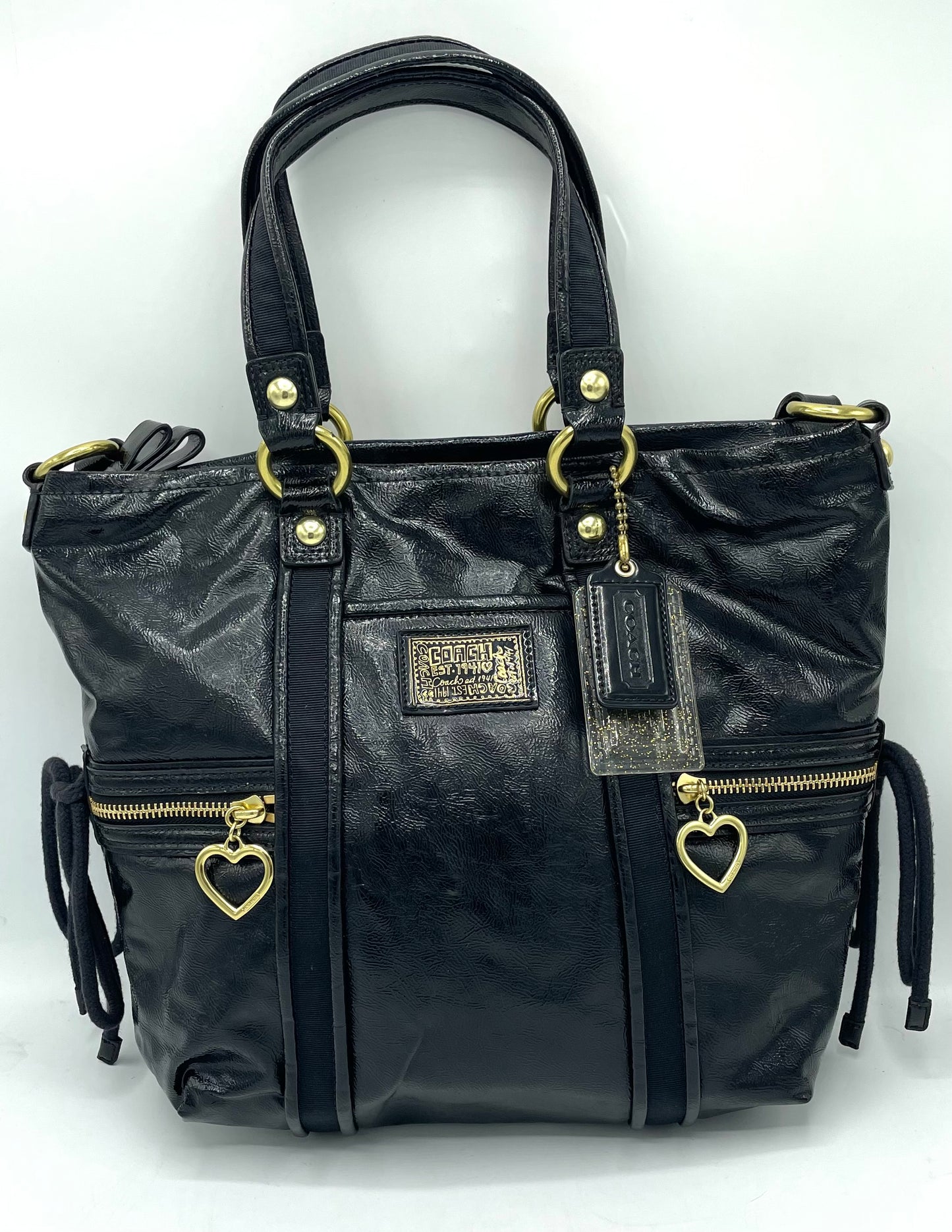 Coach Poppy Daisy Liquid Black Patent Leather Tote