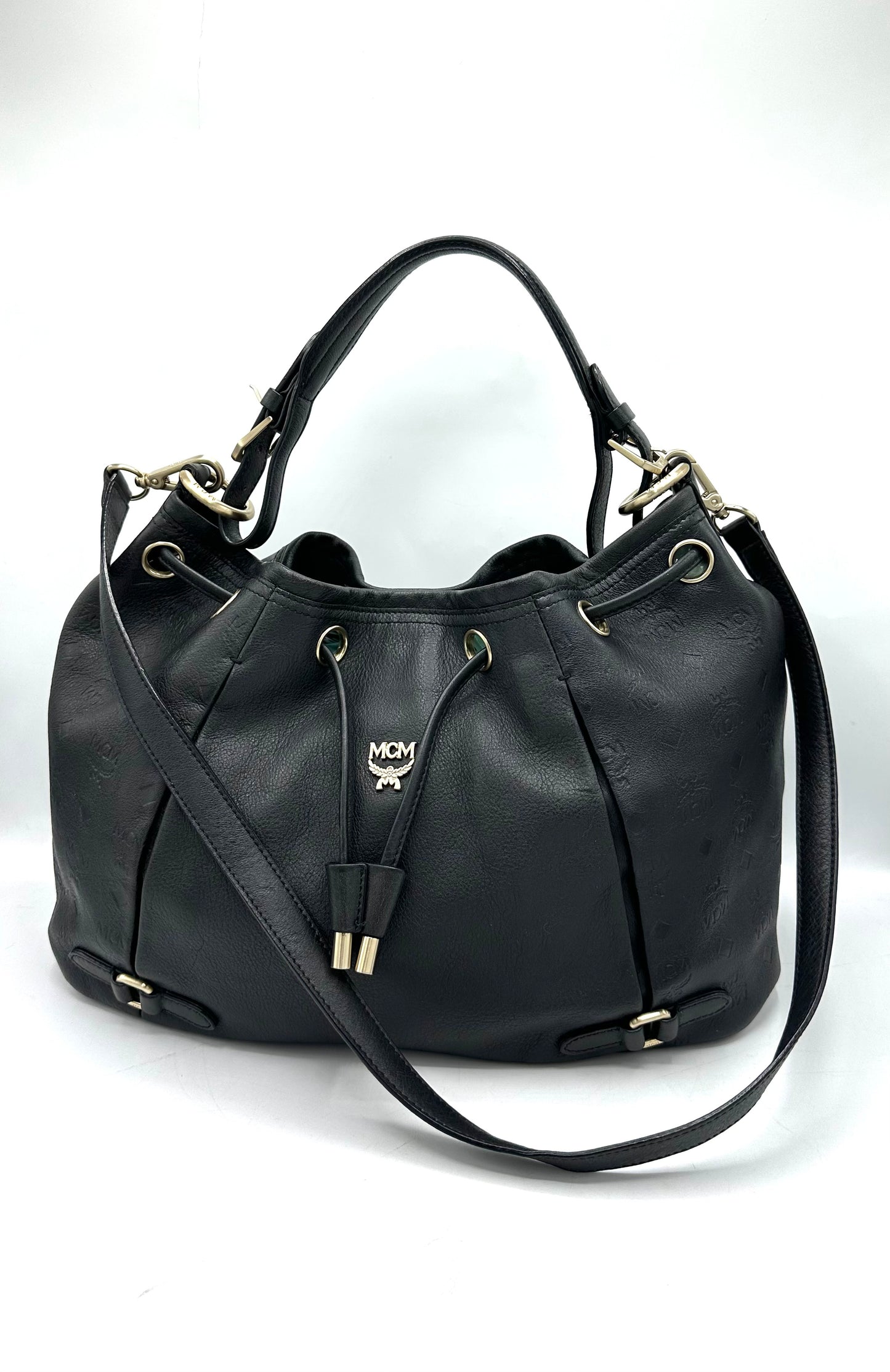 MCM Drawstring Bucket Bag in Leather – Dark Gray Leather with Gold Hardware