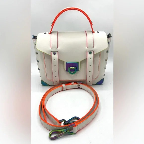 Michael Kors Manhattan Medium Contrast-Trim Leather Satchel – Optic White Color: Optic White