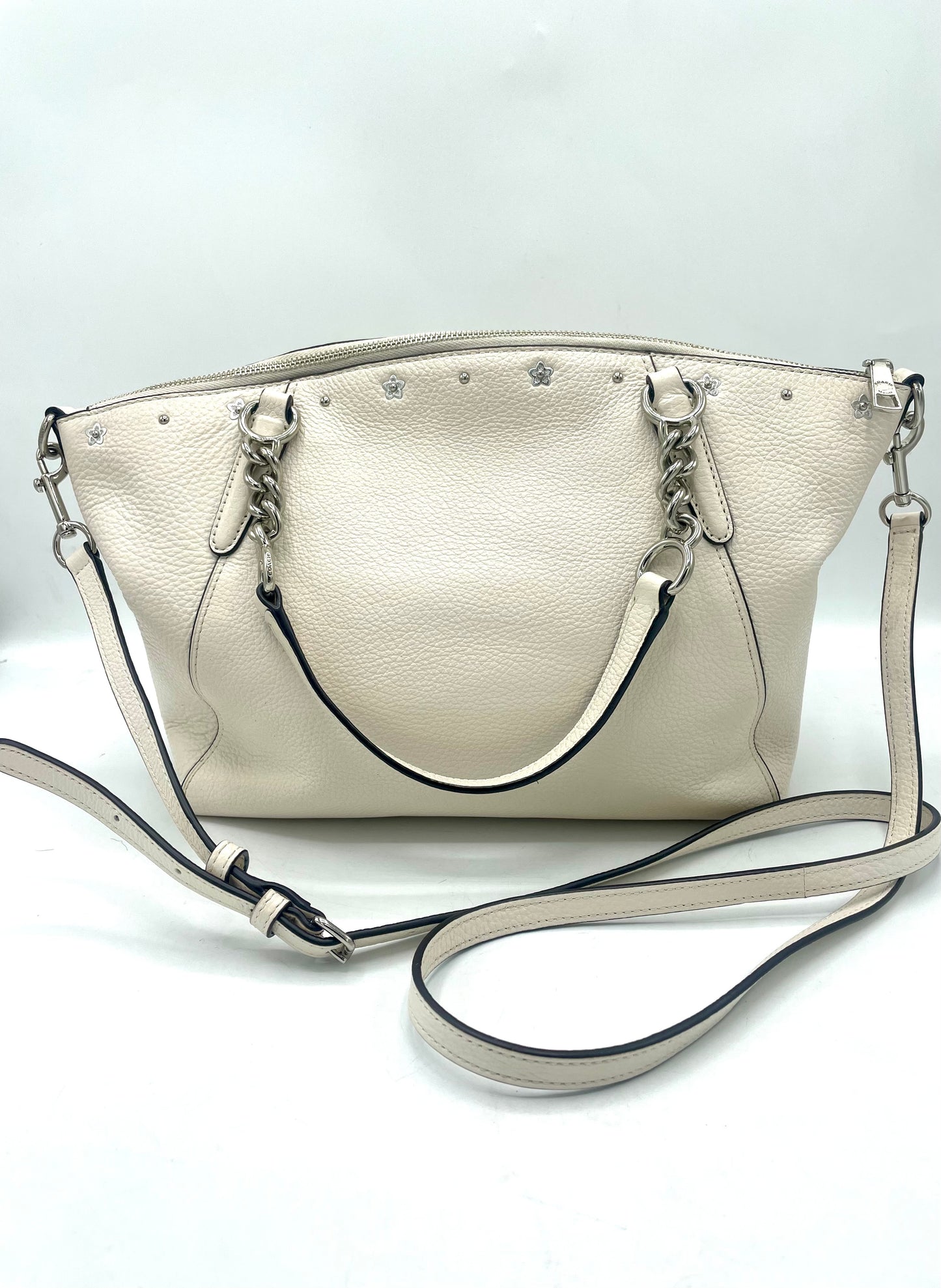 Coach Kelsey Chain Satchel with Floral Rivets – Chalk/Silver (F37773)