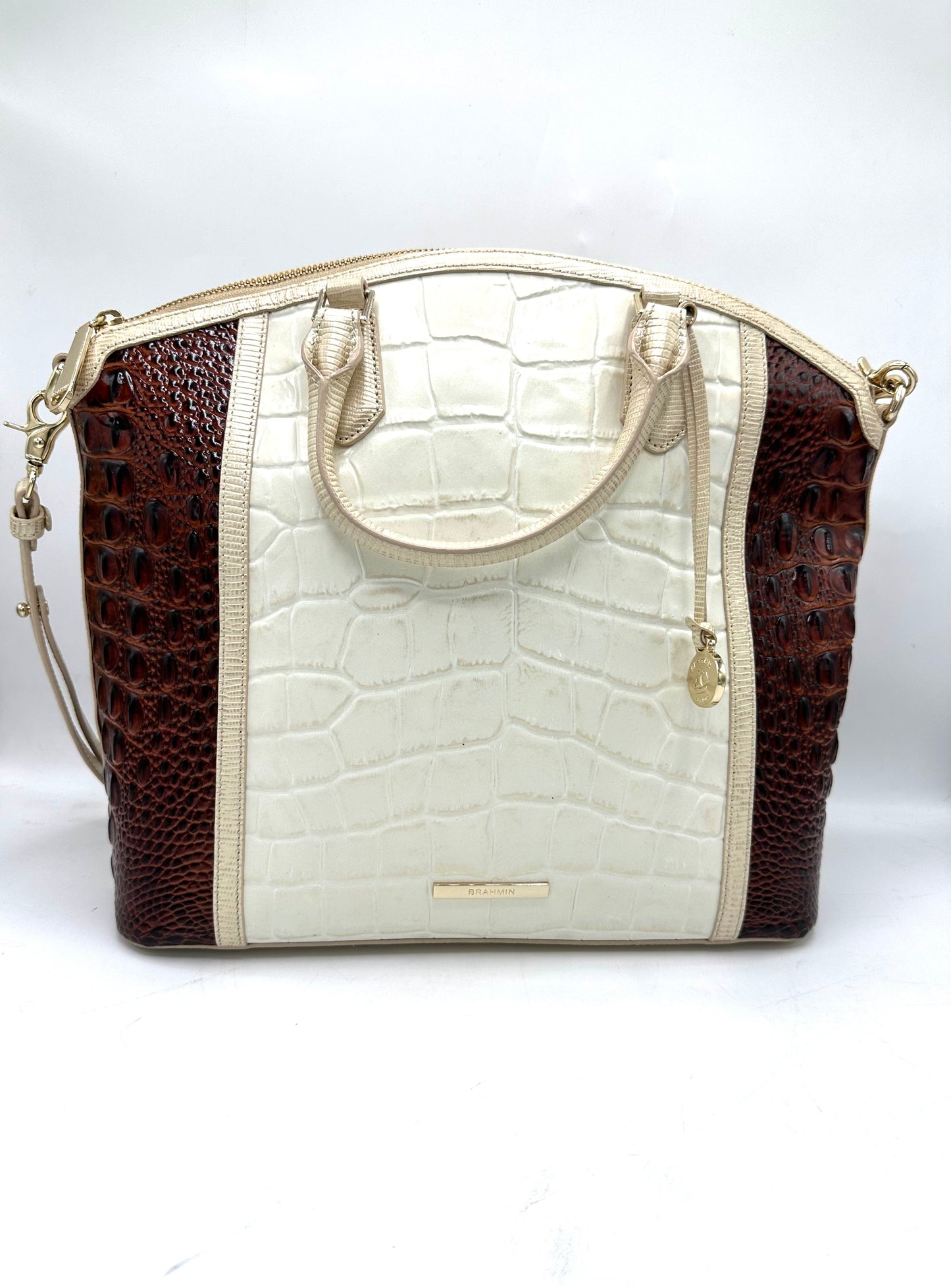 Brahmin Large Duxbury Satchel – Brown & White Crocodile-Embossed Leather
