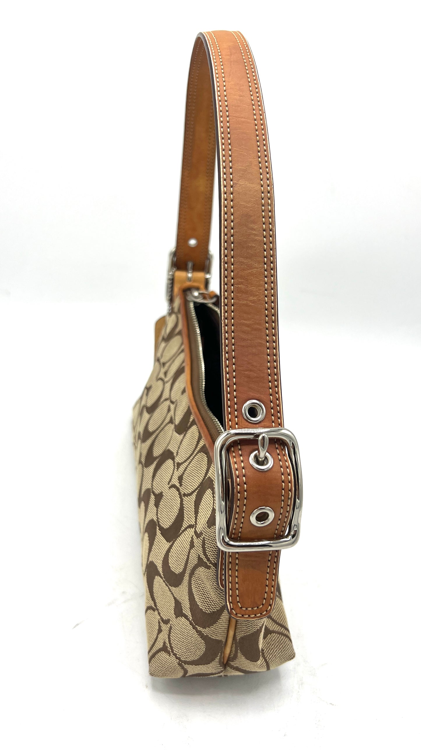 Coach Signature “C” Demi Shoulder Bag – Beige with Leather Trim
