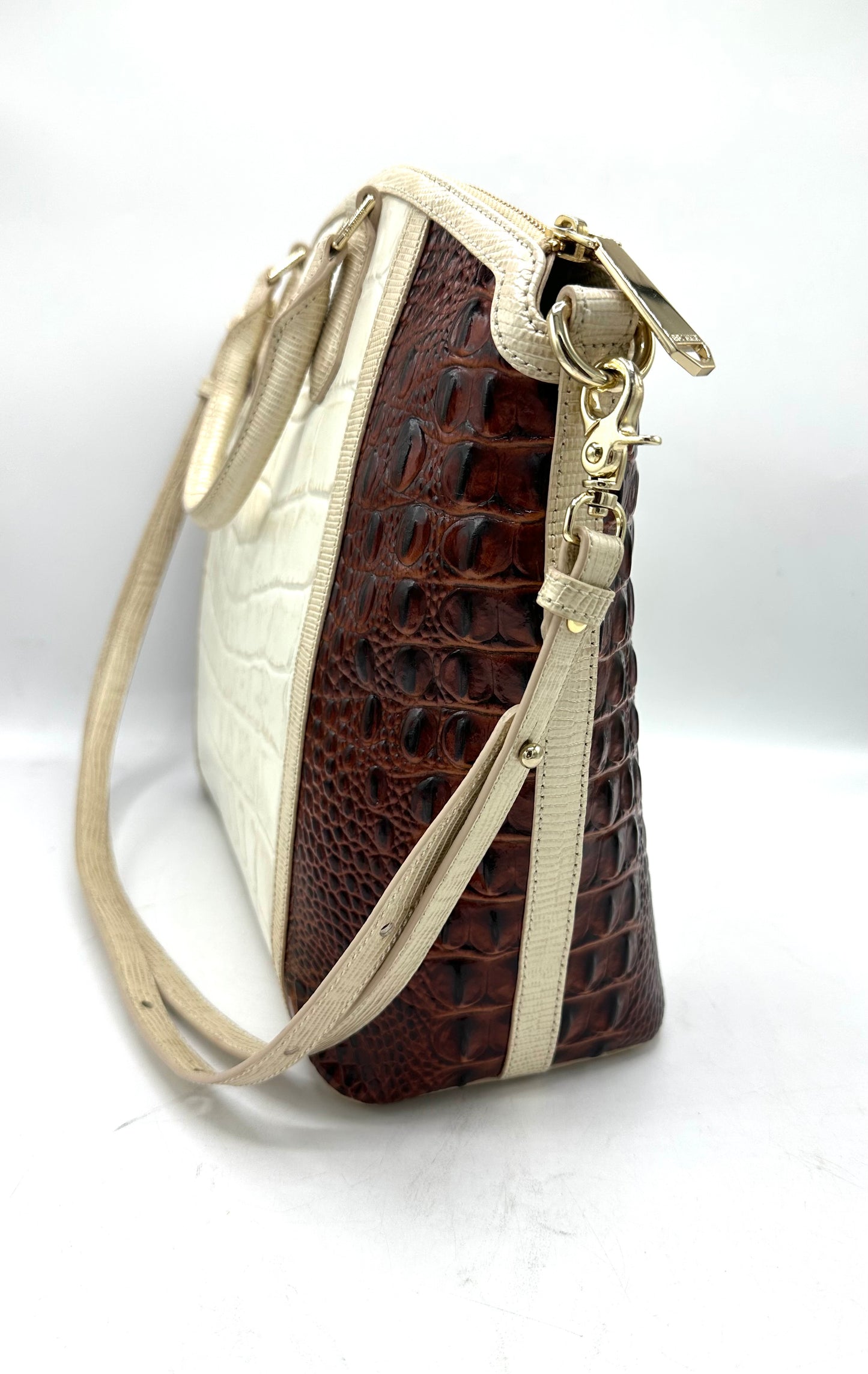 Brahmin Large Duxbury Satchel – Brown & White Crocodile-Embossed Leather
