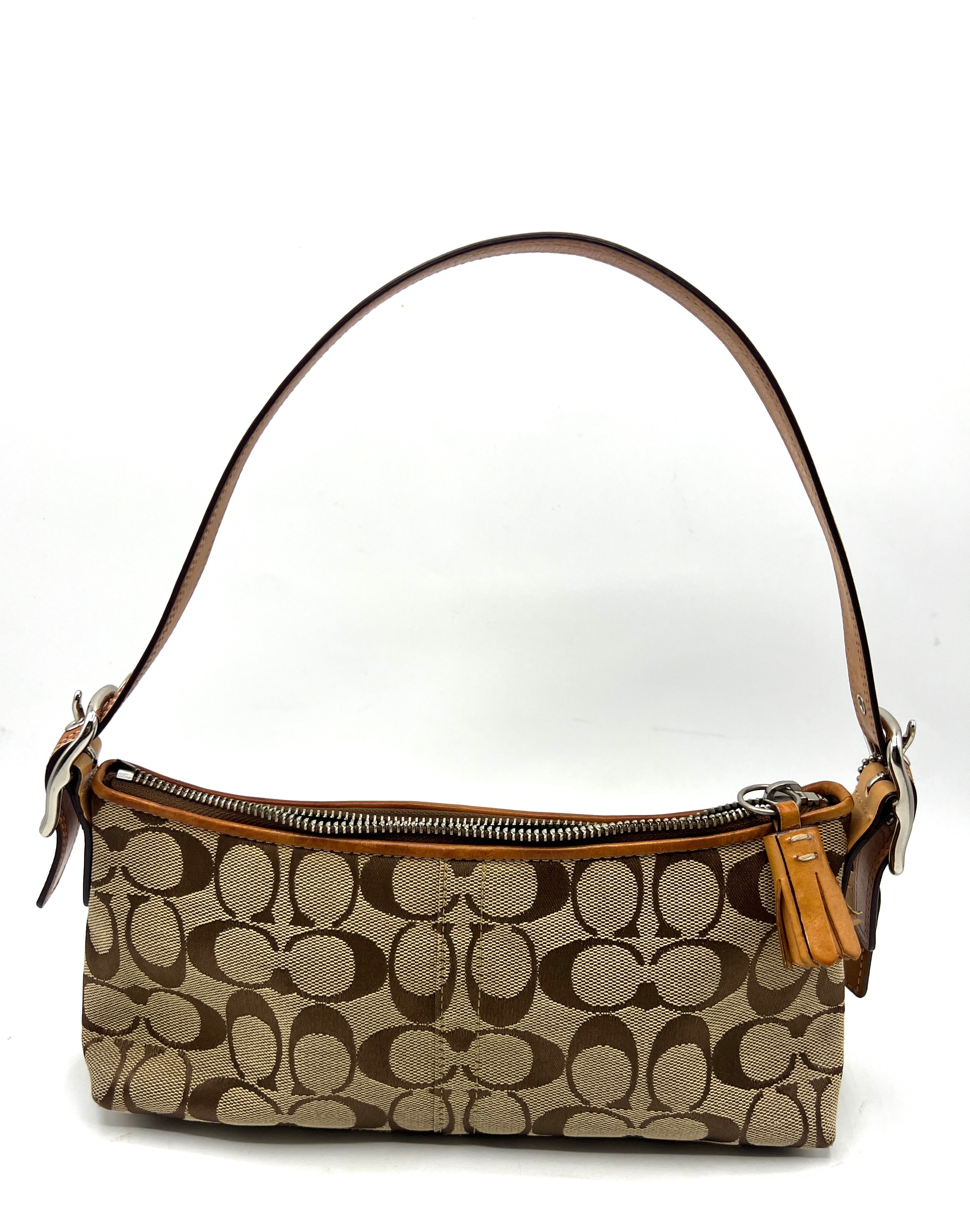 Coach Signature “C” Demi Shoulder Bag – Beige with Leather Trim