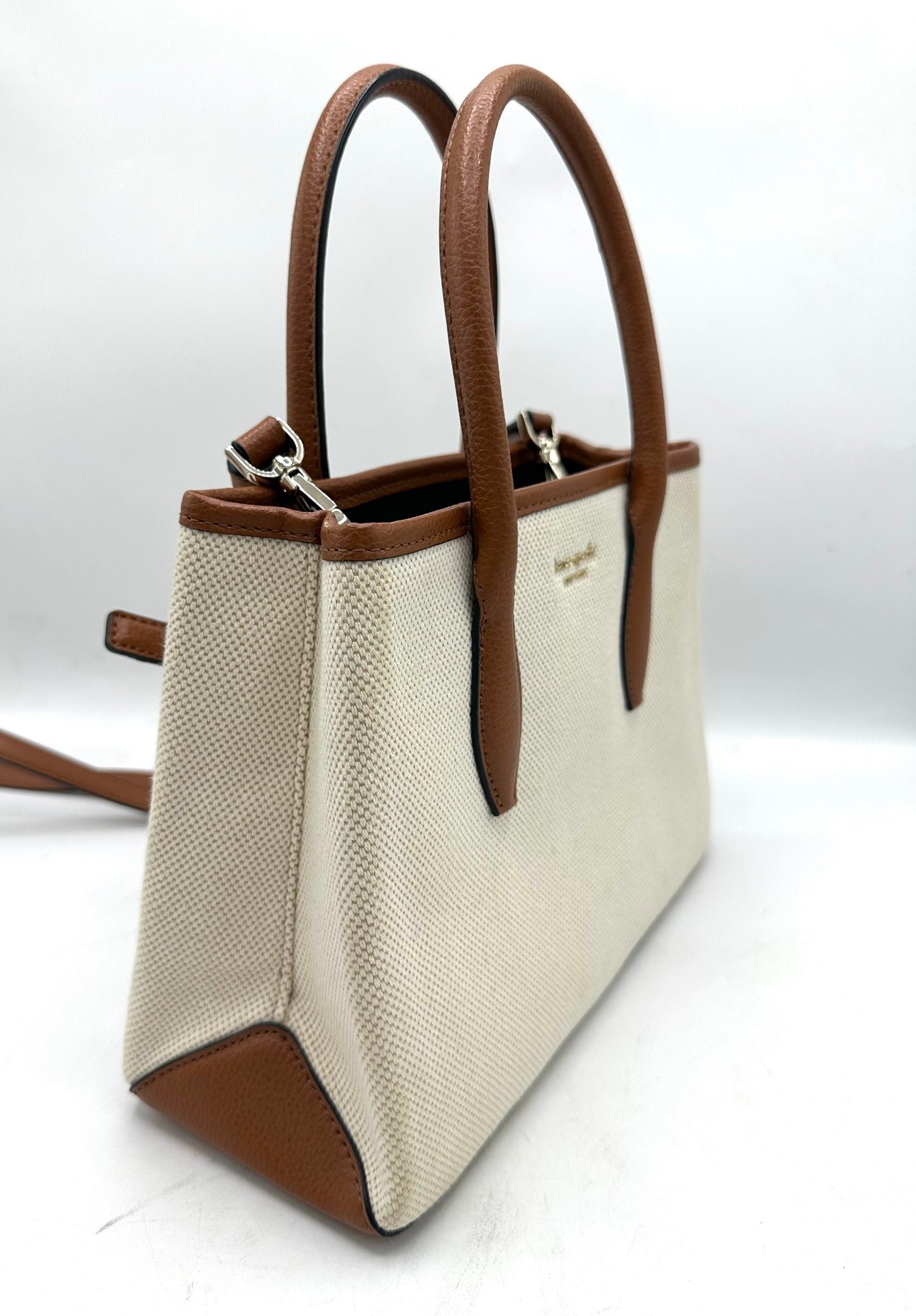 Kate Spade Small Eva Satchel – Cream Canvas with Tan Leather Trim