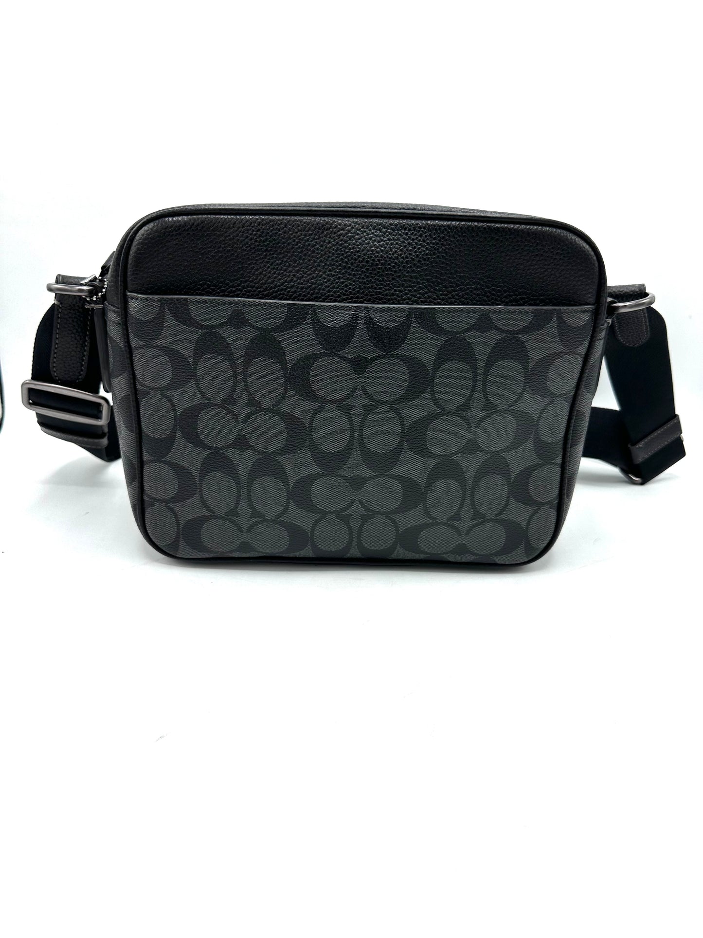 Coach Hudson Crossbody – Black Pebbled Leather & Grey Signature Coated Canvas