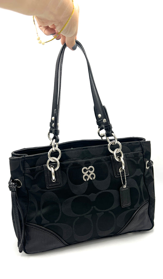 Coach Colette Signature Satchel – Black Jacquard with Silver Hardware