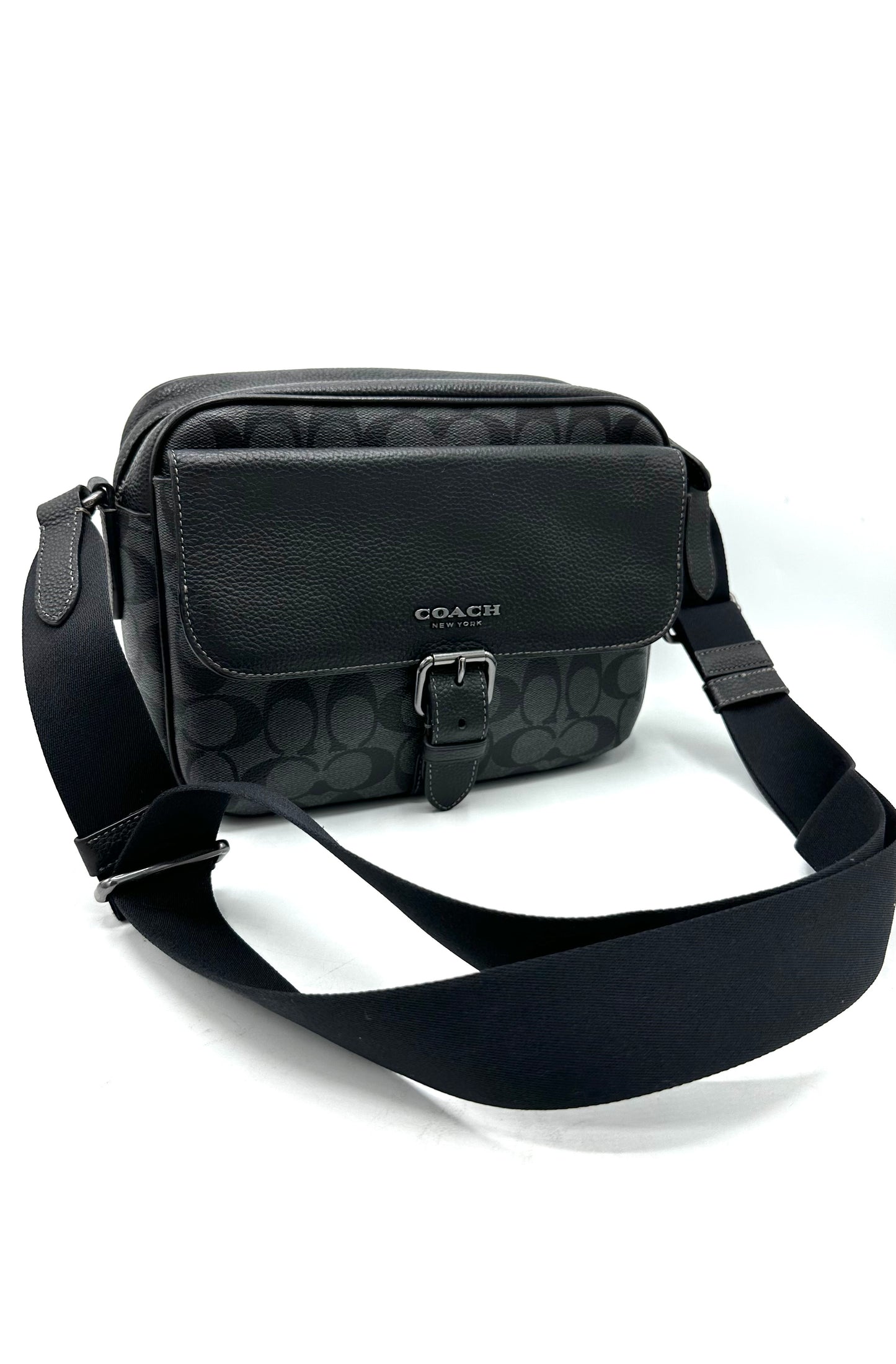 Coach Hudson Crossbody – Black Pebbled Leather & Grey Signature Coated Canvas