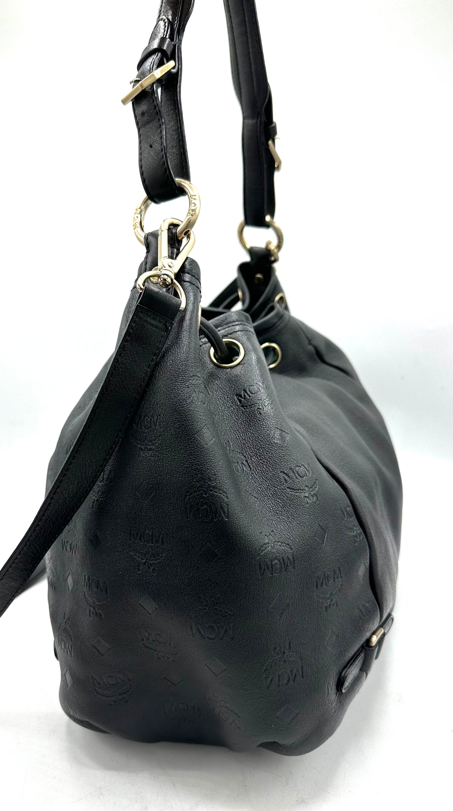 MCM Drawstring Bucket Bag in Leather – Dark Gray Leather with Gold Hardware