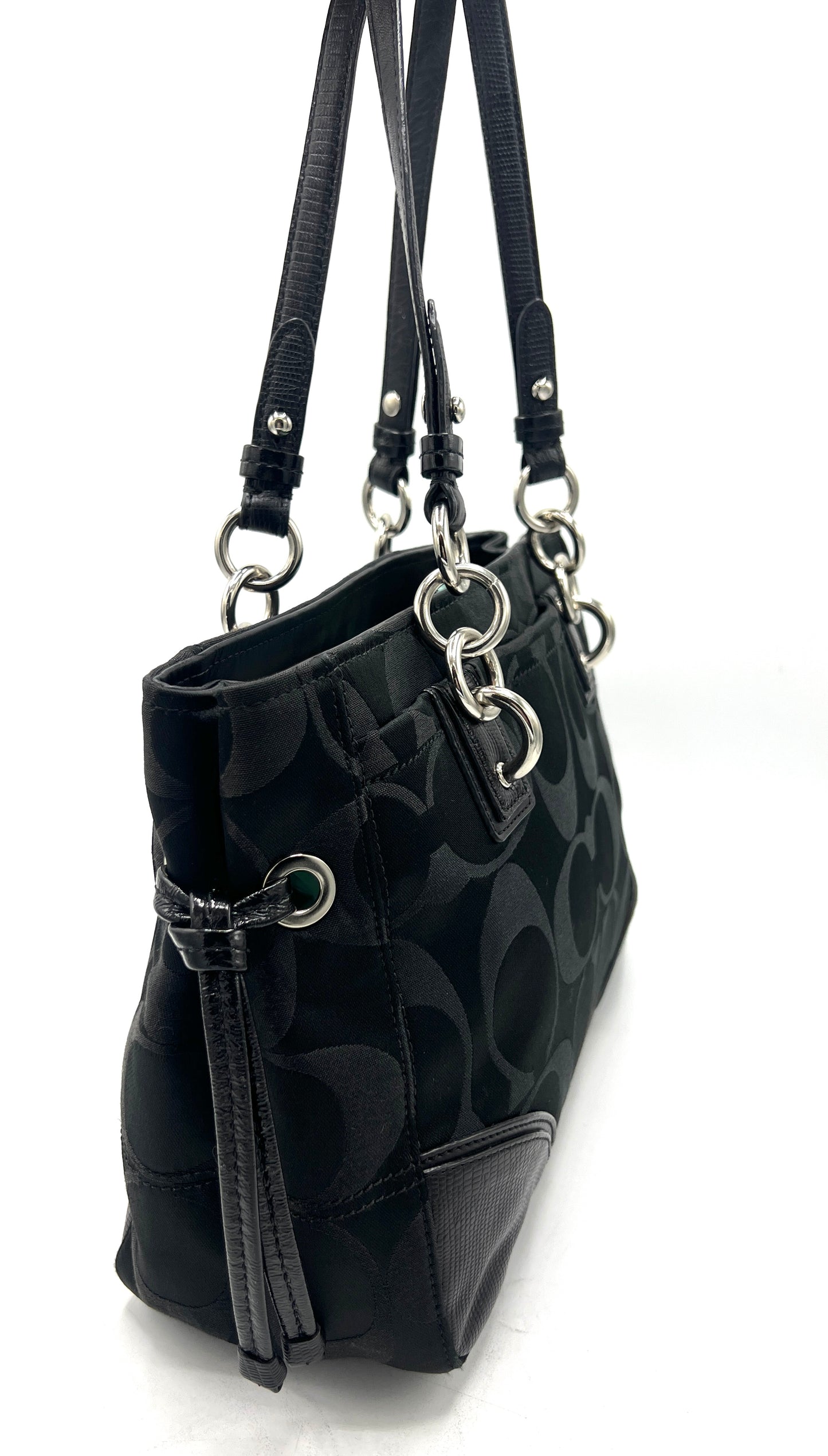 Coach Colette Signature Satchel – Black Jacquard with Silver Hardware