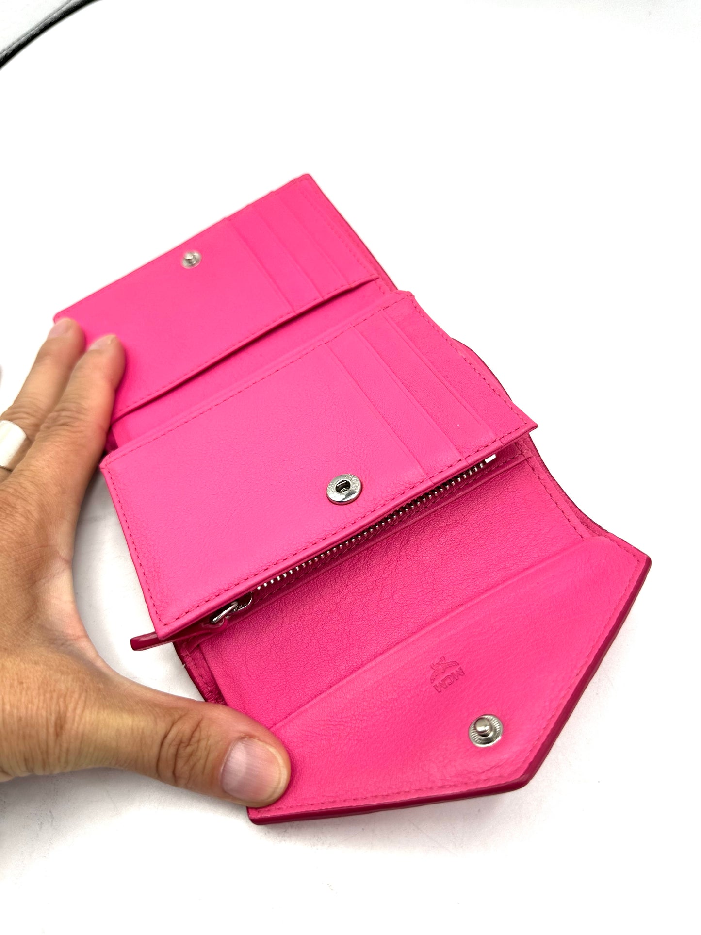 MCM Love Letter Mini Wallet – Pink Leather with Silver-Tone Hardware