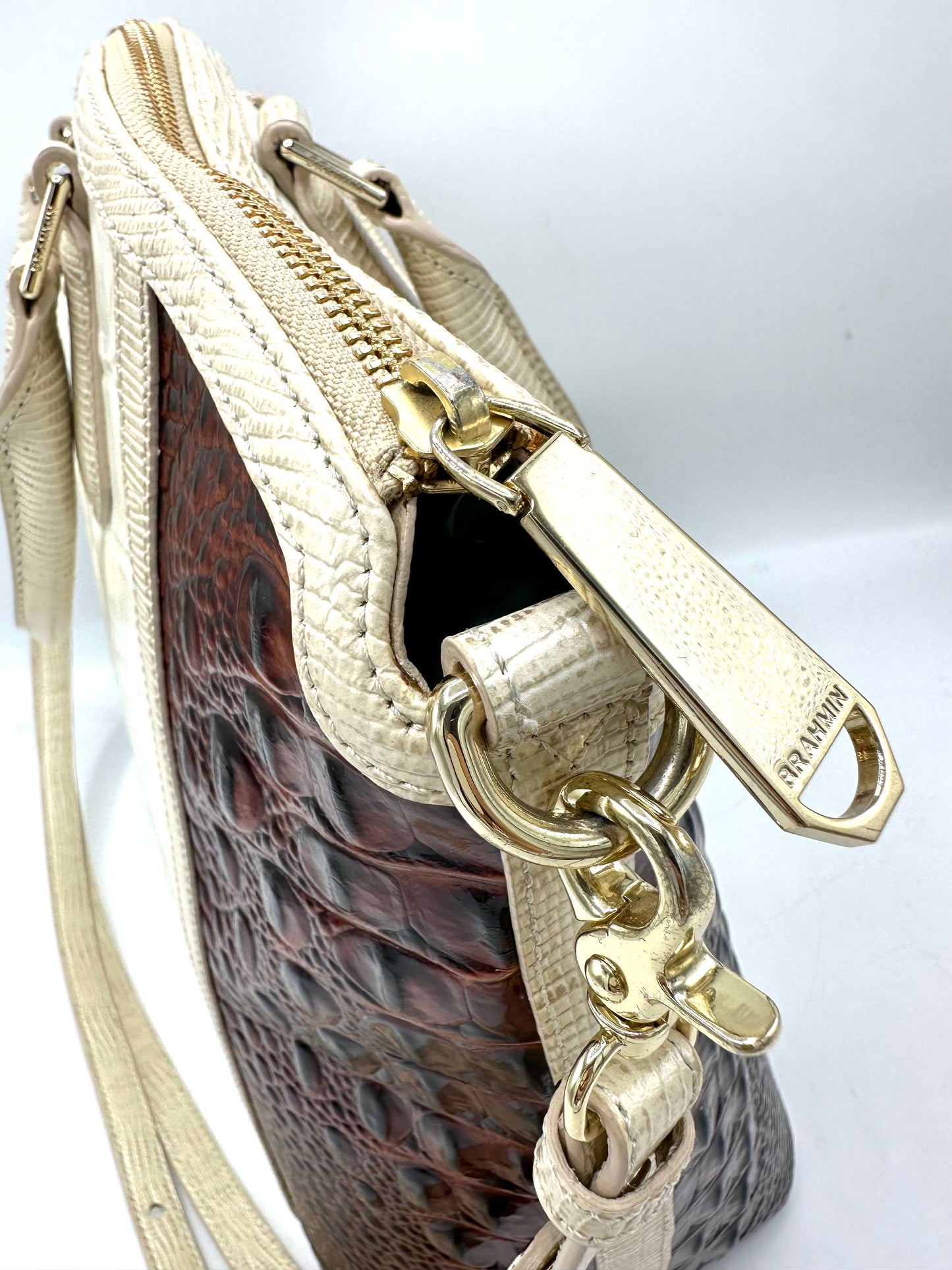 Brahmin Large Duxbury Satchel – Brown & White Crocodile-Embossed Leather