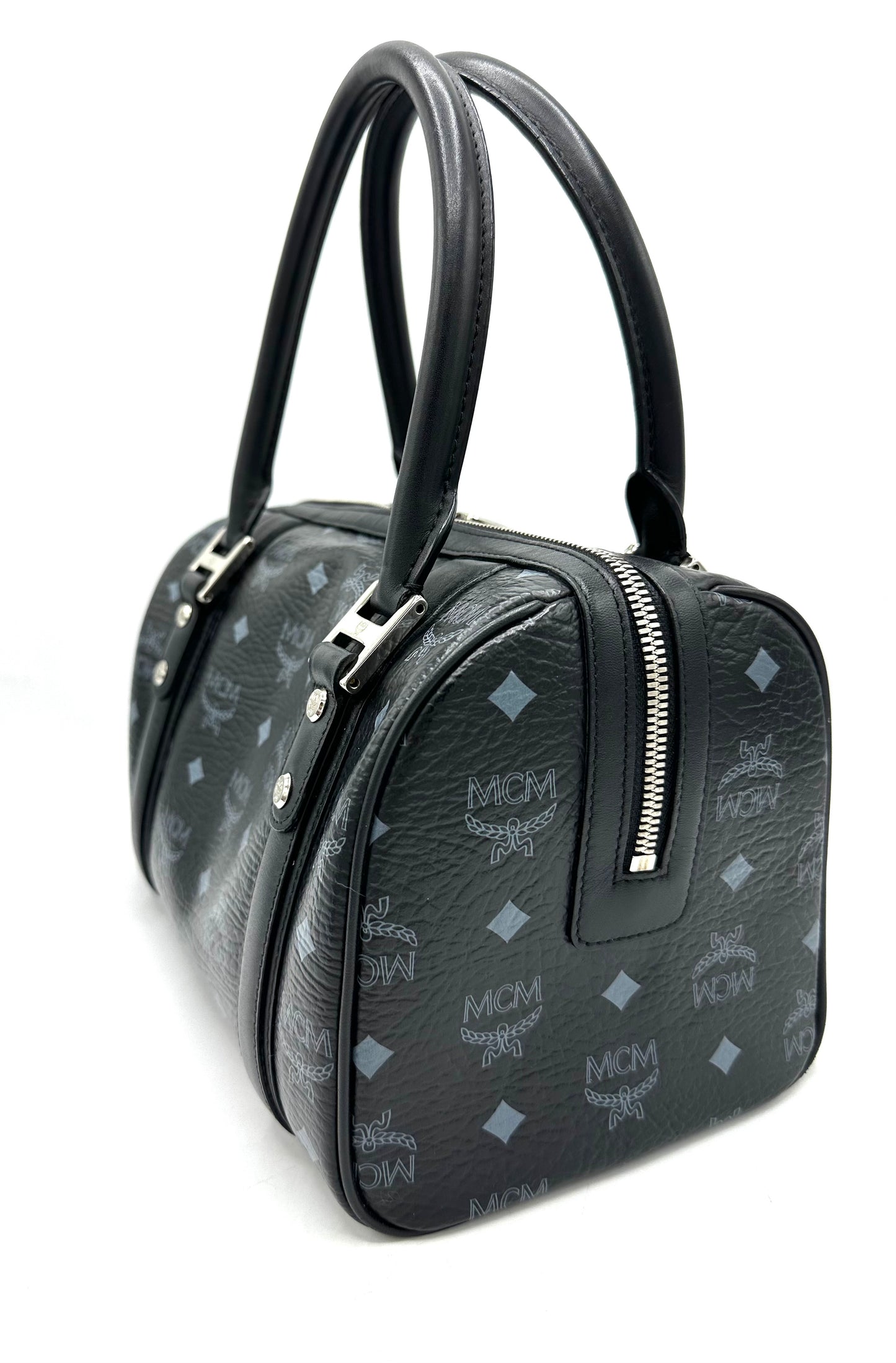 MCM Visetos Front Pocket Boston Bag – Black Leather with Silver-Tone Hardware