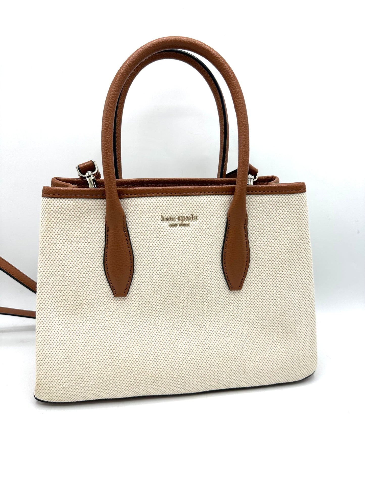 Kate Spade Small Eva Satchel – Cream Canvas with Tan Leather Trim